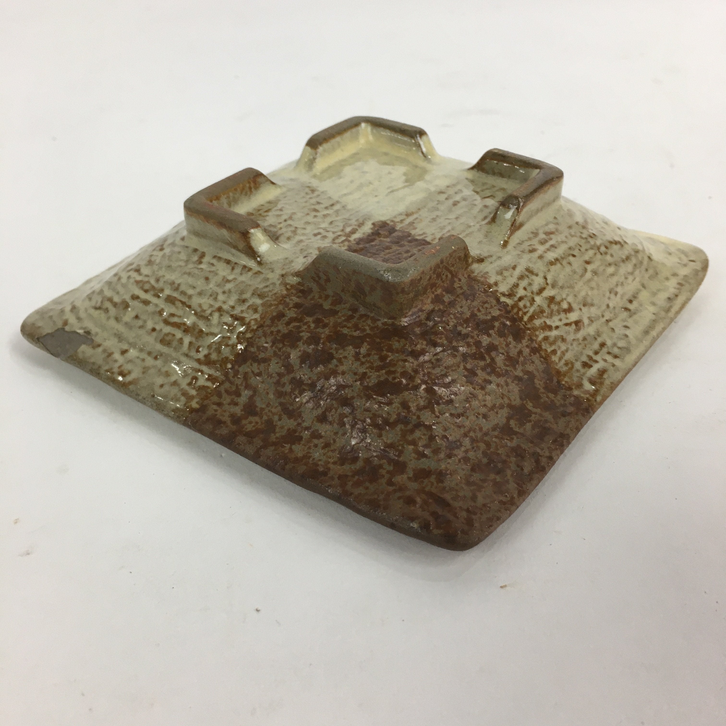 Japanese Ceramic Small Plate Vtg Square Shape Pottery Brown Yellow