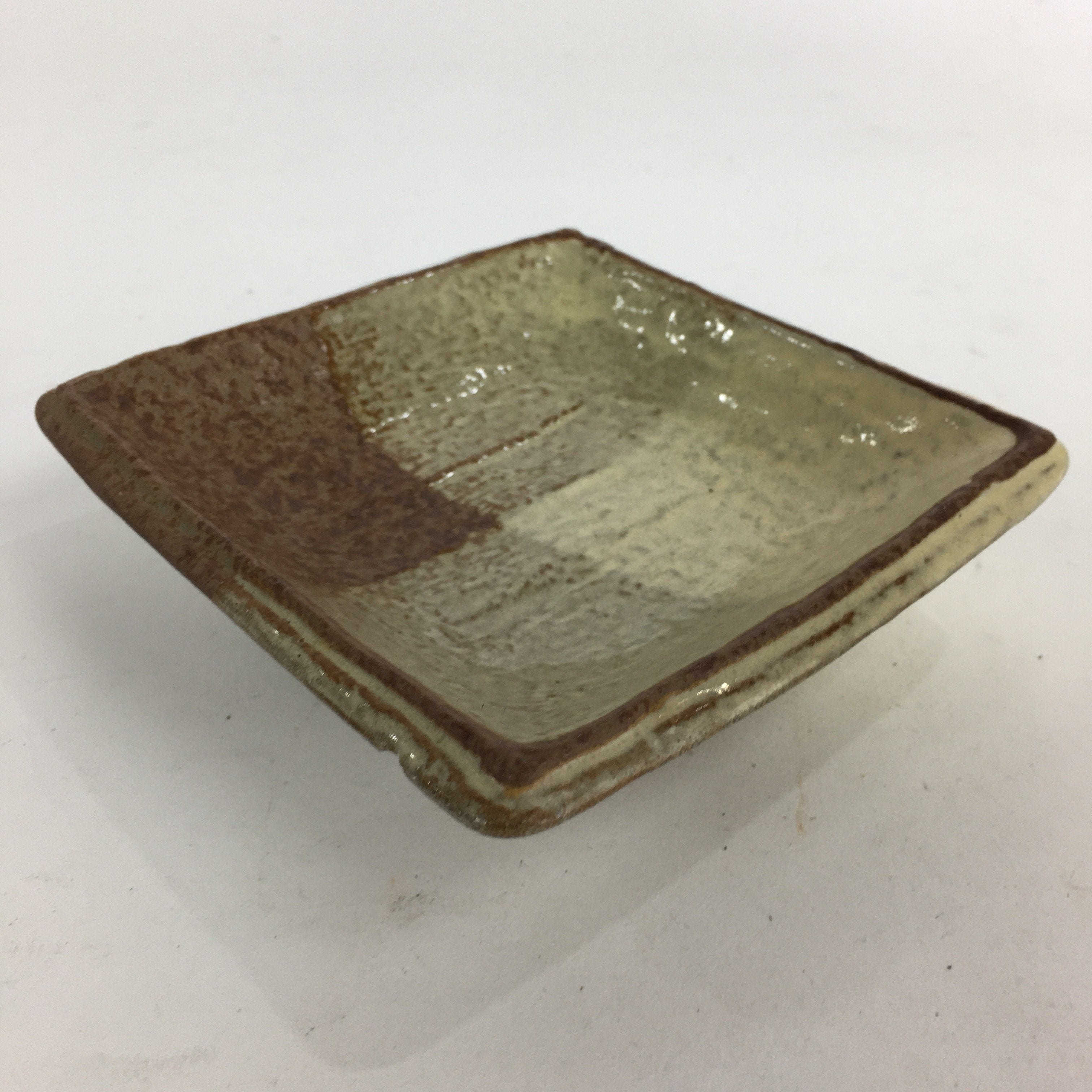 Japanese Ceramic Small Plate Vtg Square Shape Pottery Brown Yellow