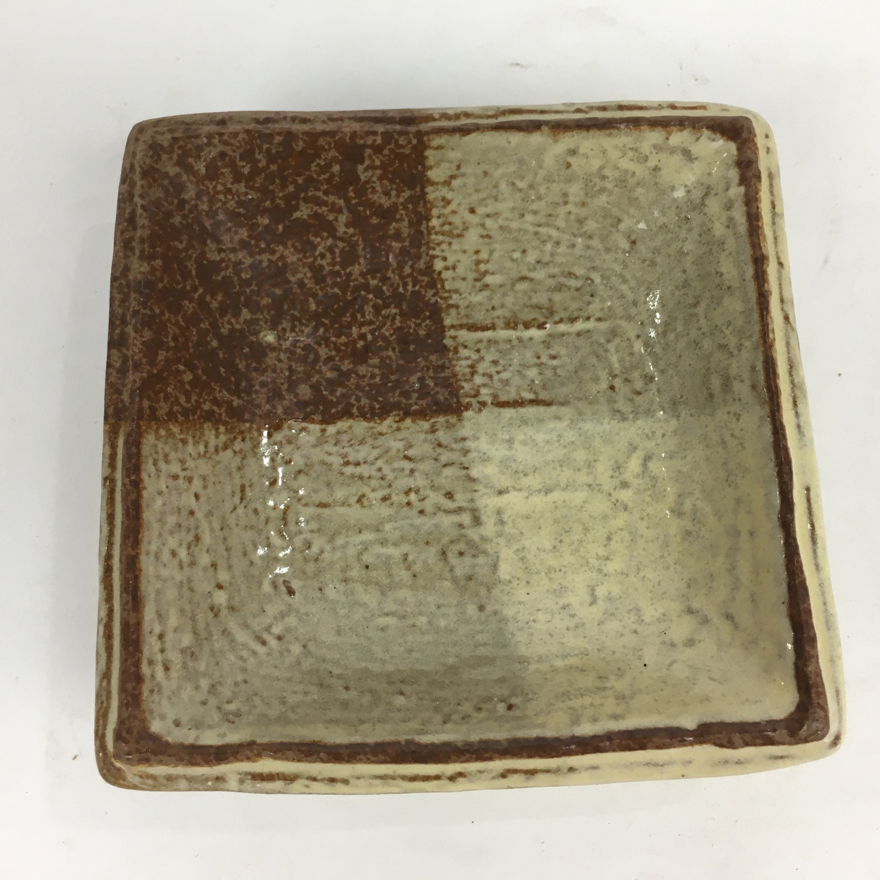 Japanese Ceramic Small Plate Vtg Square Shape Pottery Brown Yellow Kozara PP730