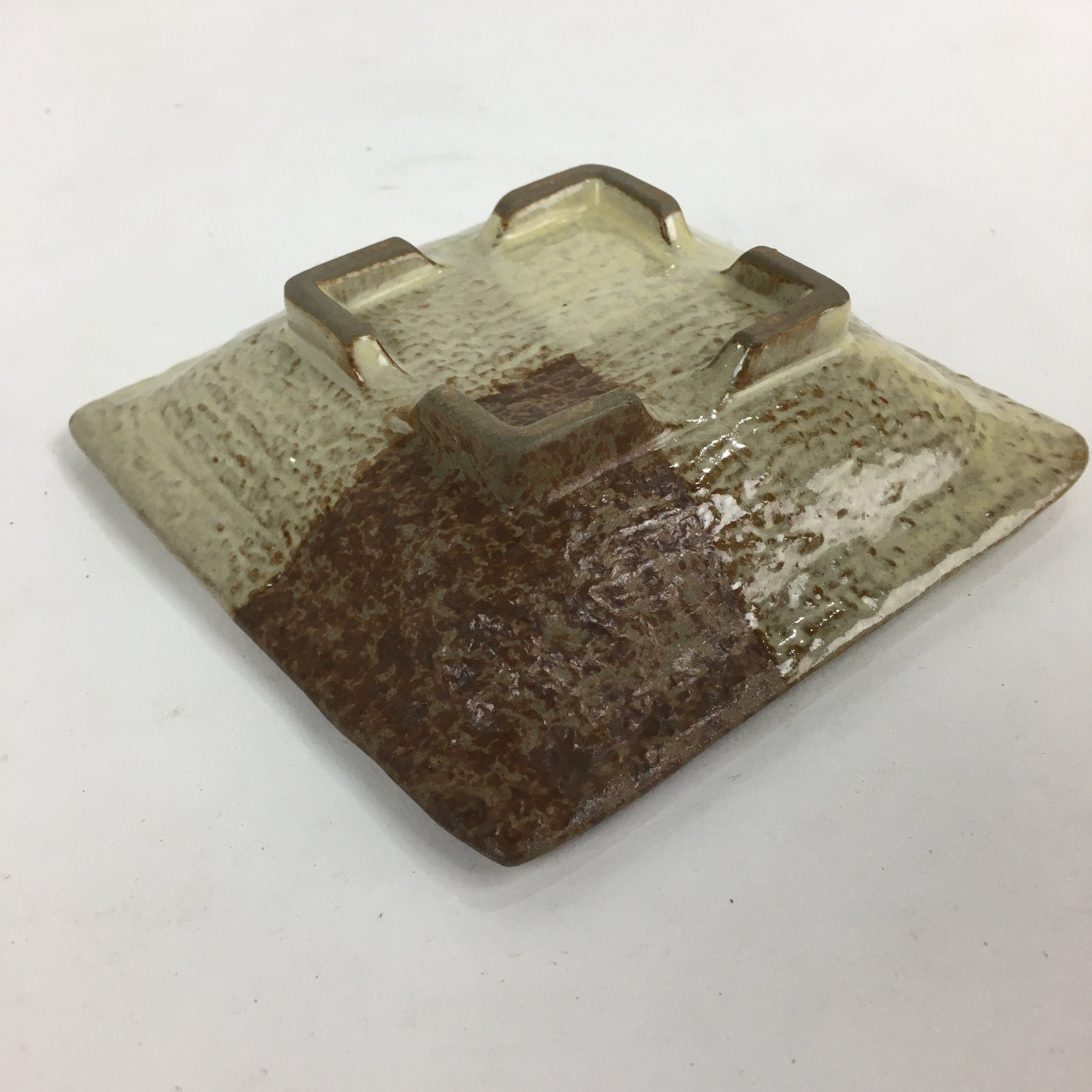 Japanese Ceramic Small Plate Vtg Square Shape Pottery Brown Yellow Kozara PP731
