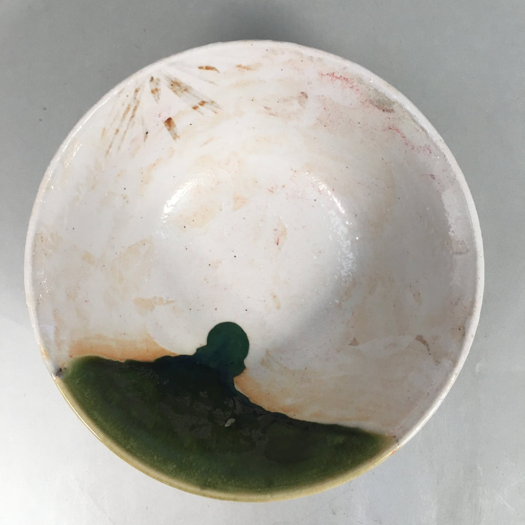 Japanese Ceramic Snack Bowl Kashiki Vtg Pottery Green White Round PP366