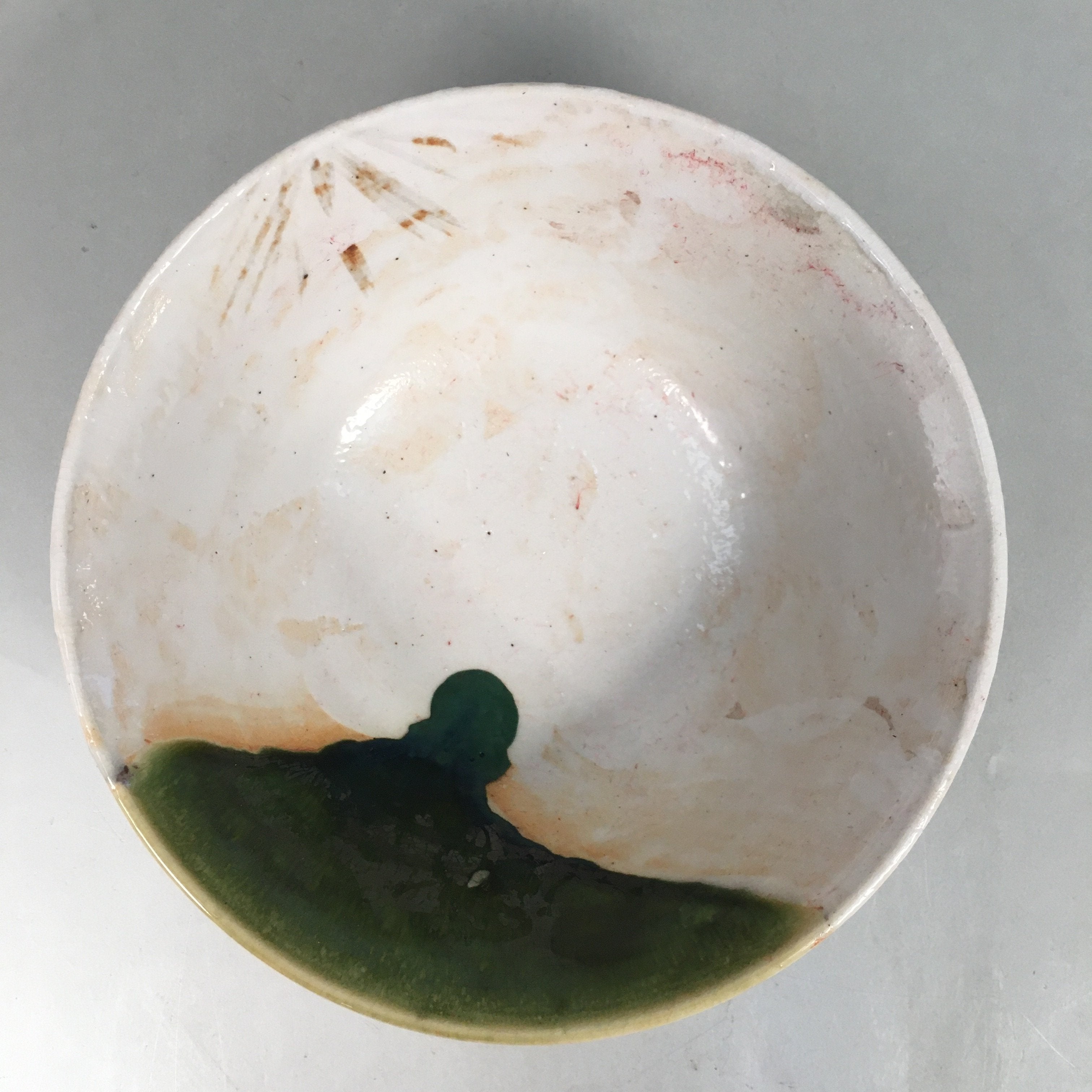 Japanese Ceramic Snack Bowl Kashiki Vtg Pottery Green White Round PP366