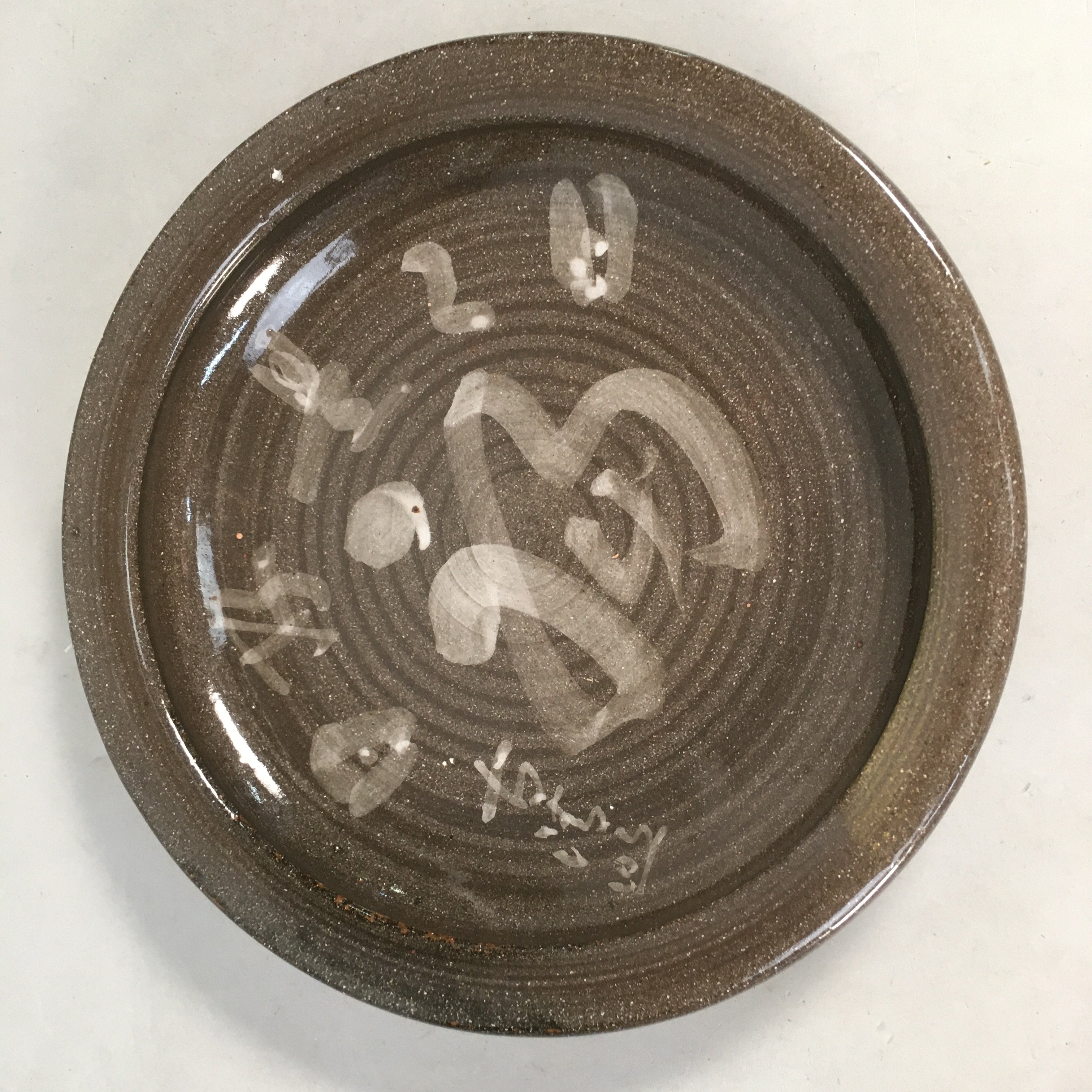 Japanese Ceramic Snack Bowl Kashiki Vtg Pottery Round Gray Kanji Fortune PP386