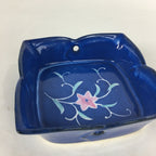Japanese Ceramic Square Bowl Vtg Blue Pottery Pink Green Flower Design PP638