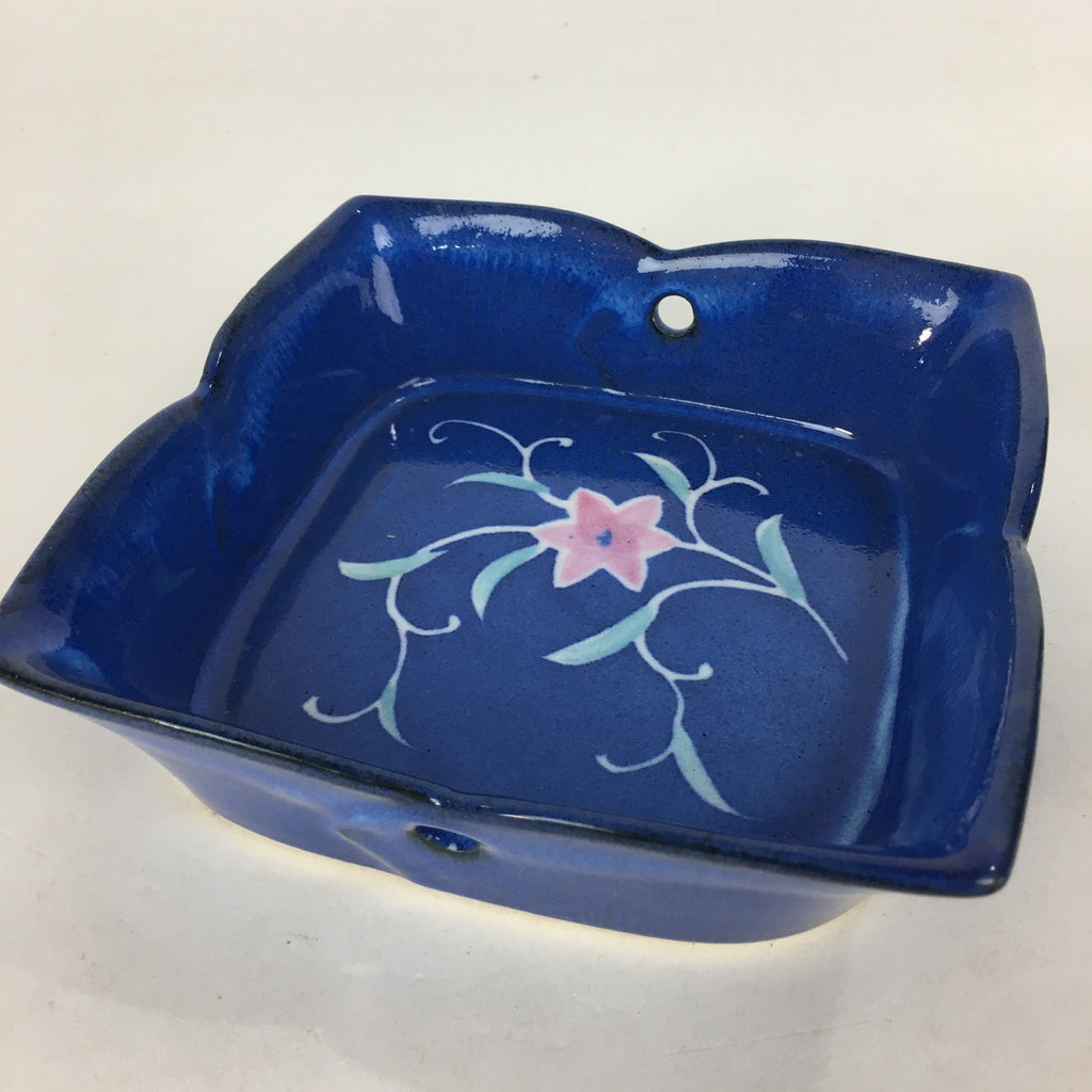 Japanese Ceramic Square Bowl Vtg Blue Pottery Pink Green Flower Design PP638