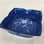 Japanese Ceramic Square Bowl Vtg Blue Pottery Pink Green Flower Design PP638