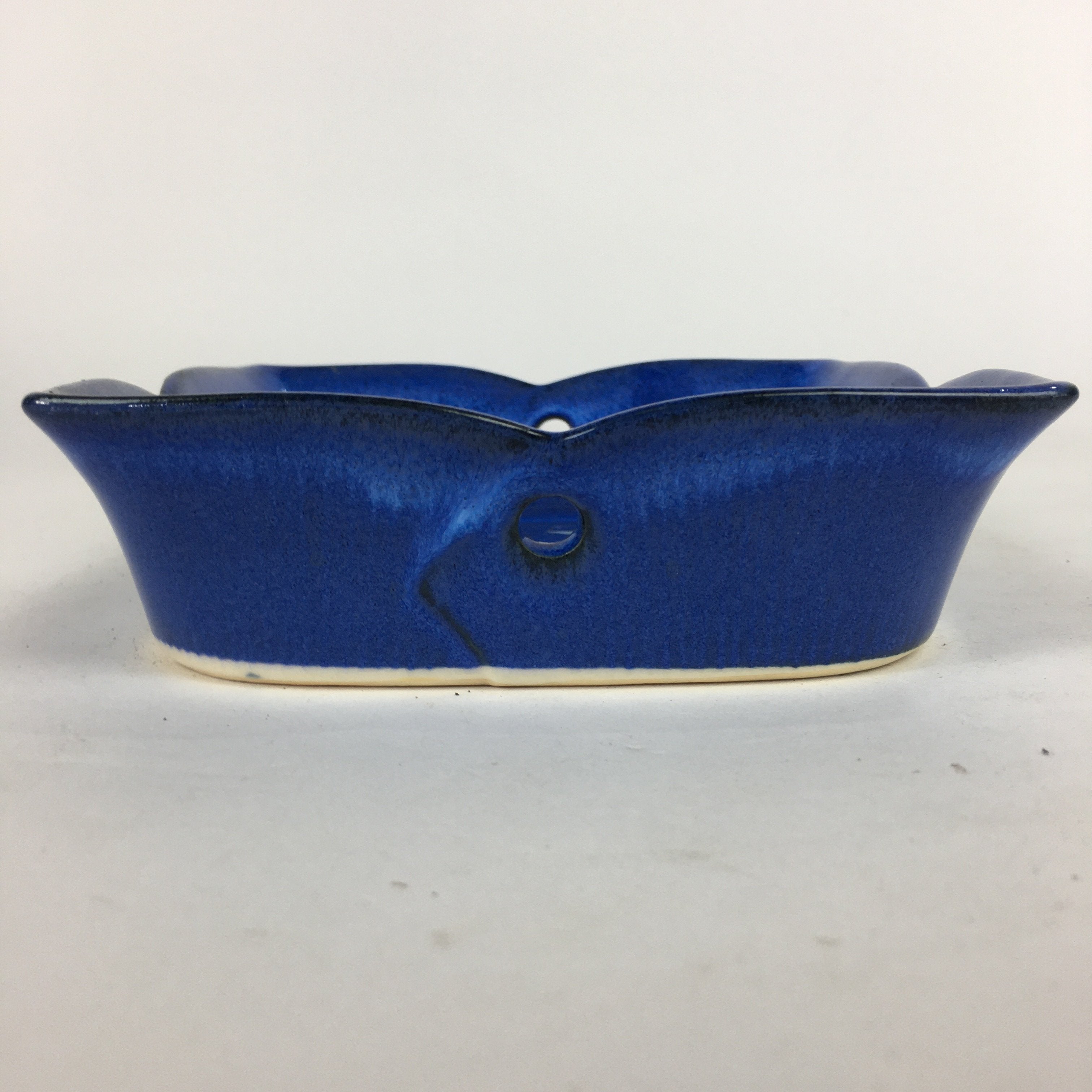 Japanese Ceramic Square Bowl Vtg Blue Pottery Pink Green Flower Design PP638