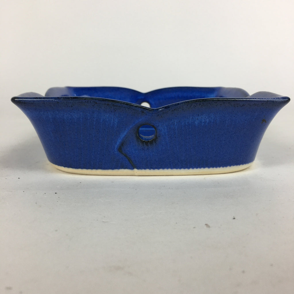 Japanese Ceramic Square Bowl Vtg Blue Pottery Pink Green Flower Design PP638