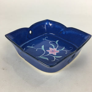 Japanese Ceramic Square Bowl Vtg Blue Pottery Pink Green Flower Design PP638