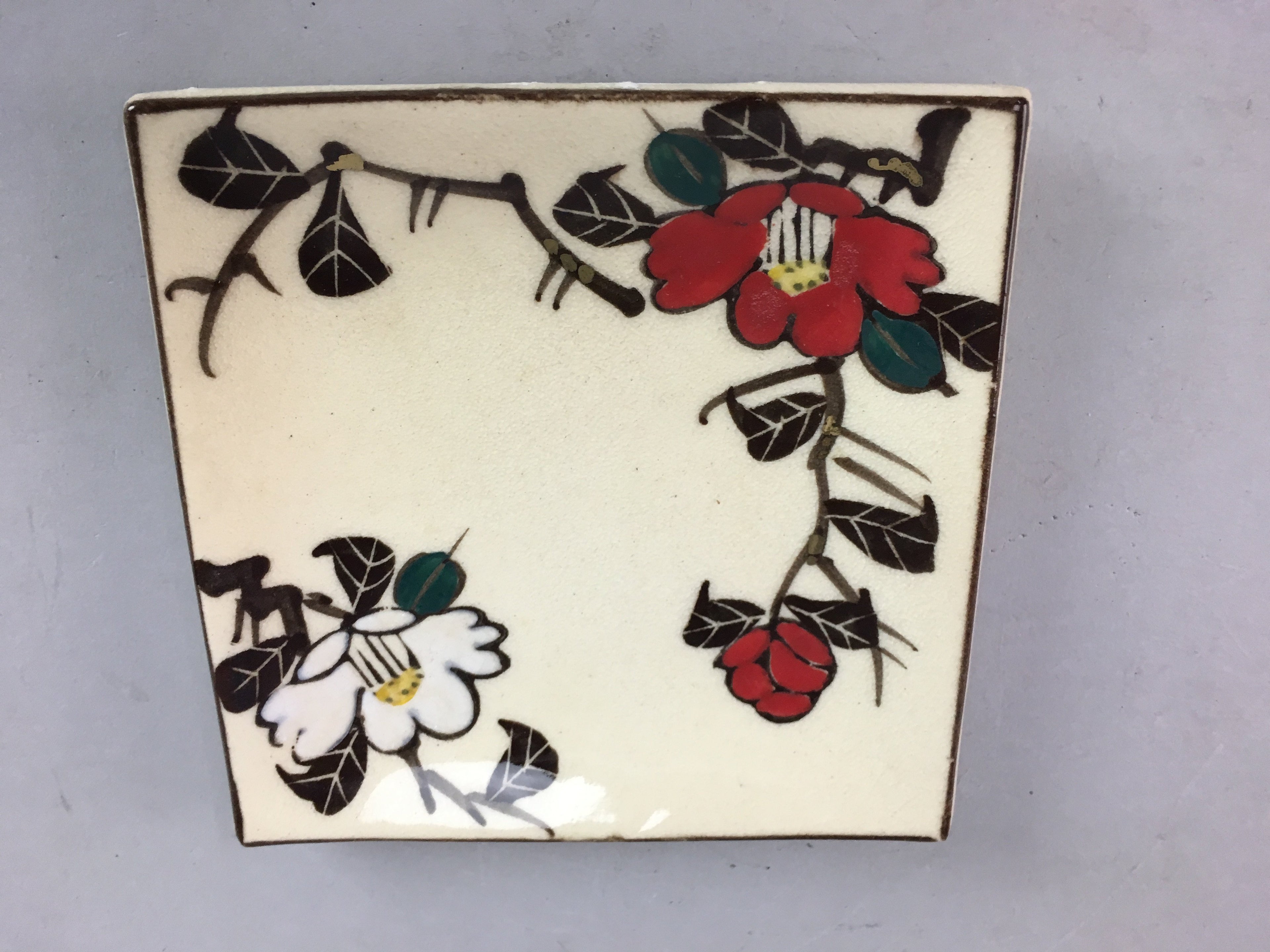 Japanese Ceramic Square Plate Vtg Pottery Floral Design Beige Sushi PT100