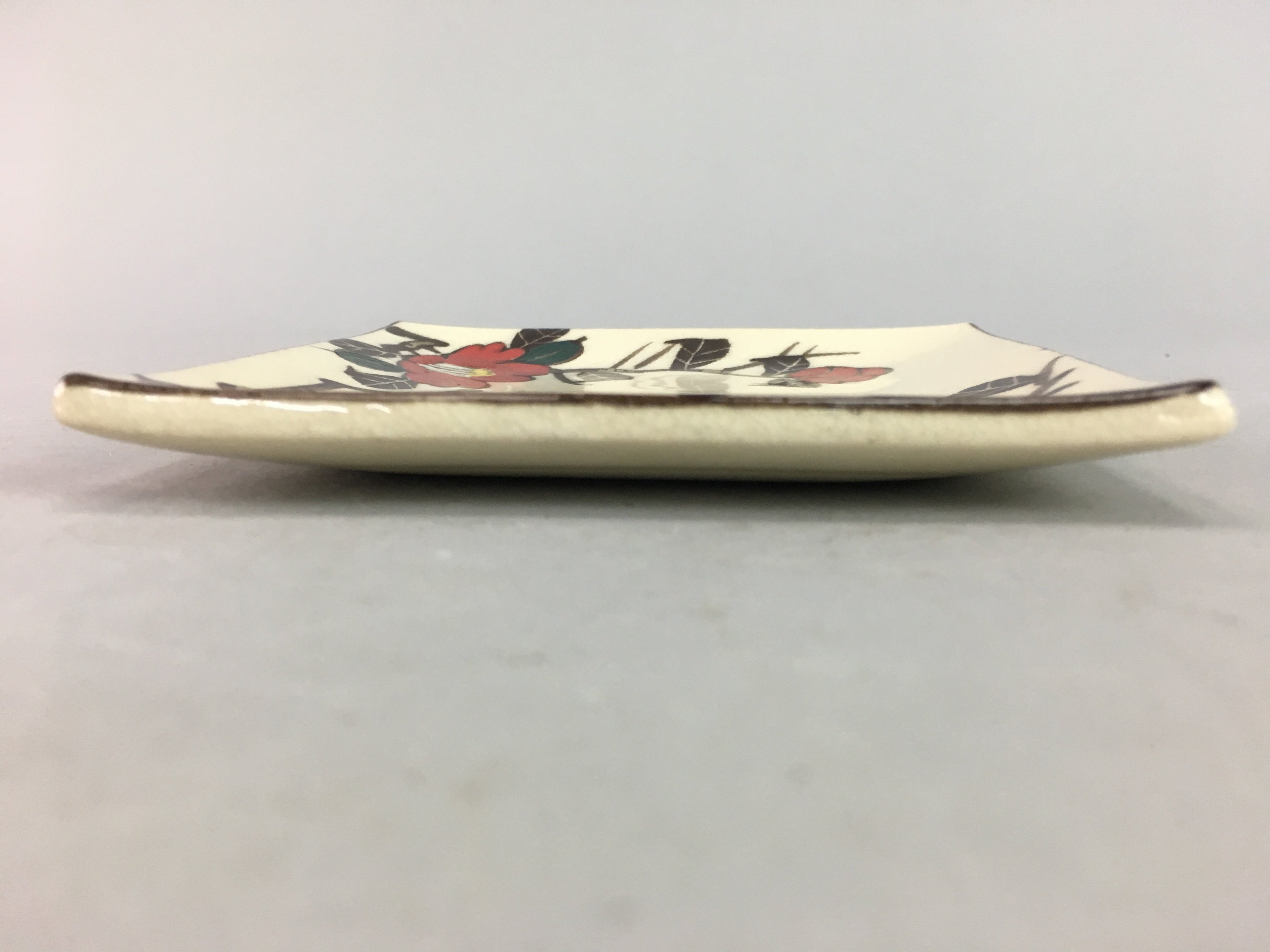 Japanese Ceramic Square Plate Vtg Pottery Floral Design Beige Sushi PT100