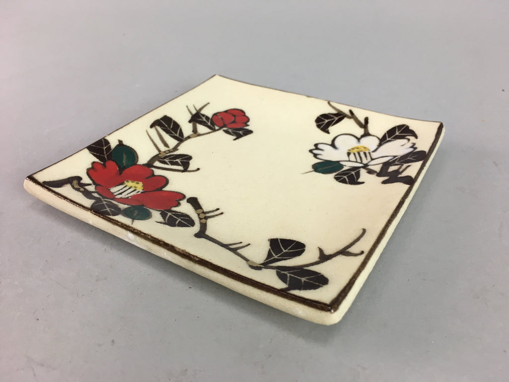 Japanese Ceramic Square Plate Vtg Pottery Floral Design Beige Sushi PT100