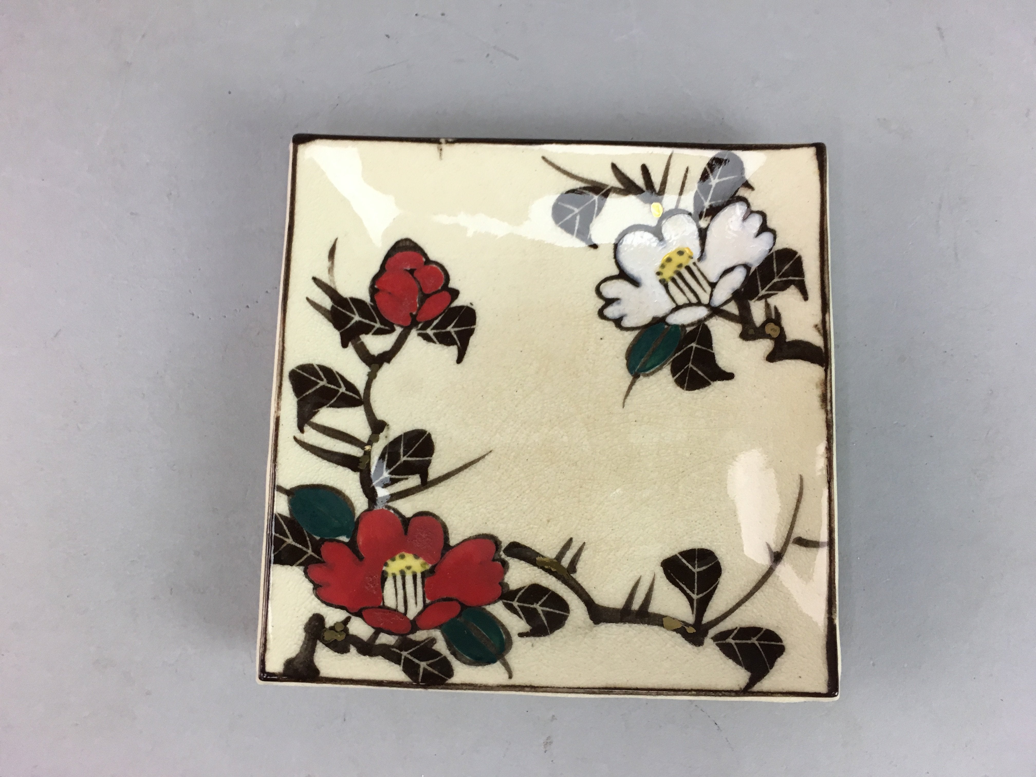 Japanese Ceramic Square Plate Vtg Pottery Floral Design Beige Sushi PT96