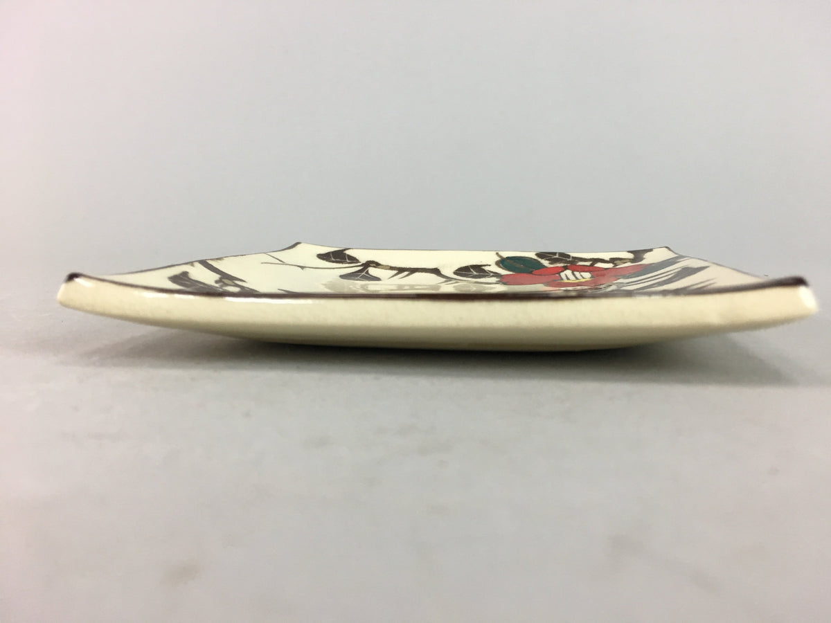 Japanese Ceramic Square Plate Vtg Pottery Floral Design Beige Sushi PT96