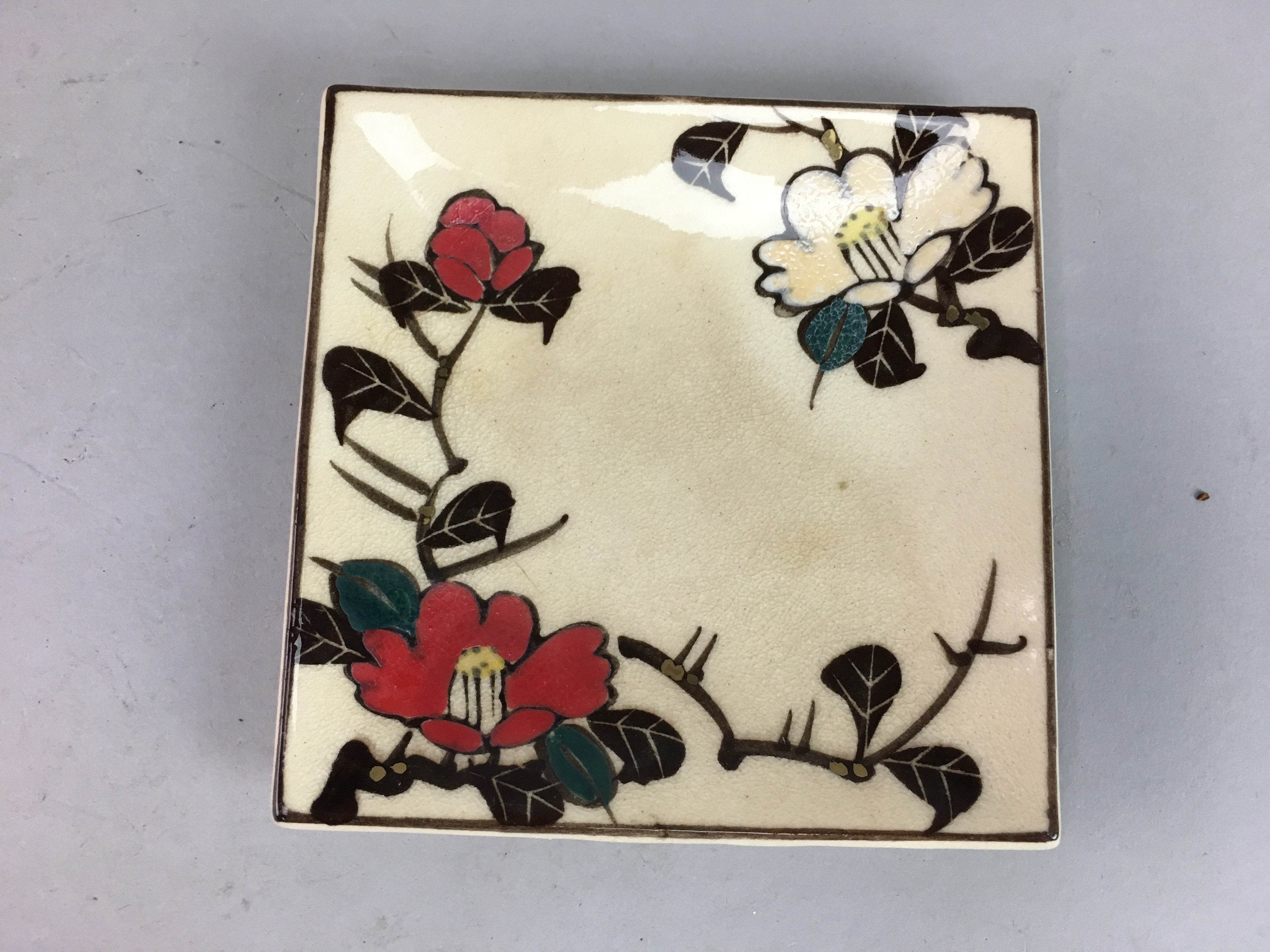 Japanese Ceramic Square Plate Vtg Pottery Floral Design Beige Sushi PT97