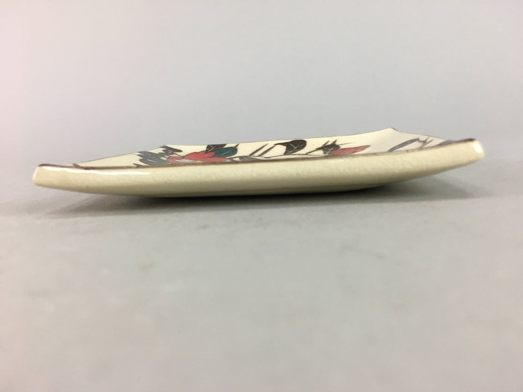Japanese Ceramic Square Plate Vtg Pottery Floral Design Beige Sushi PT97