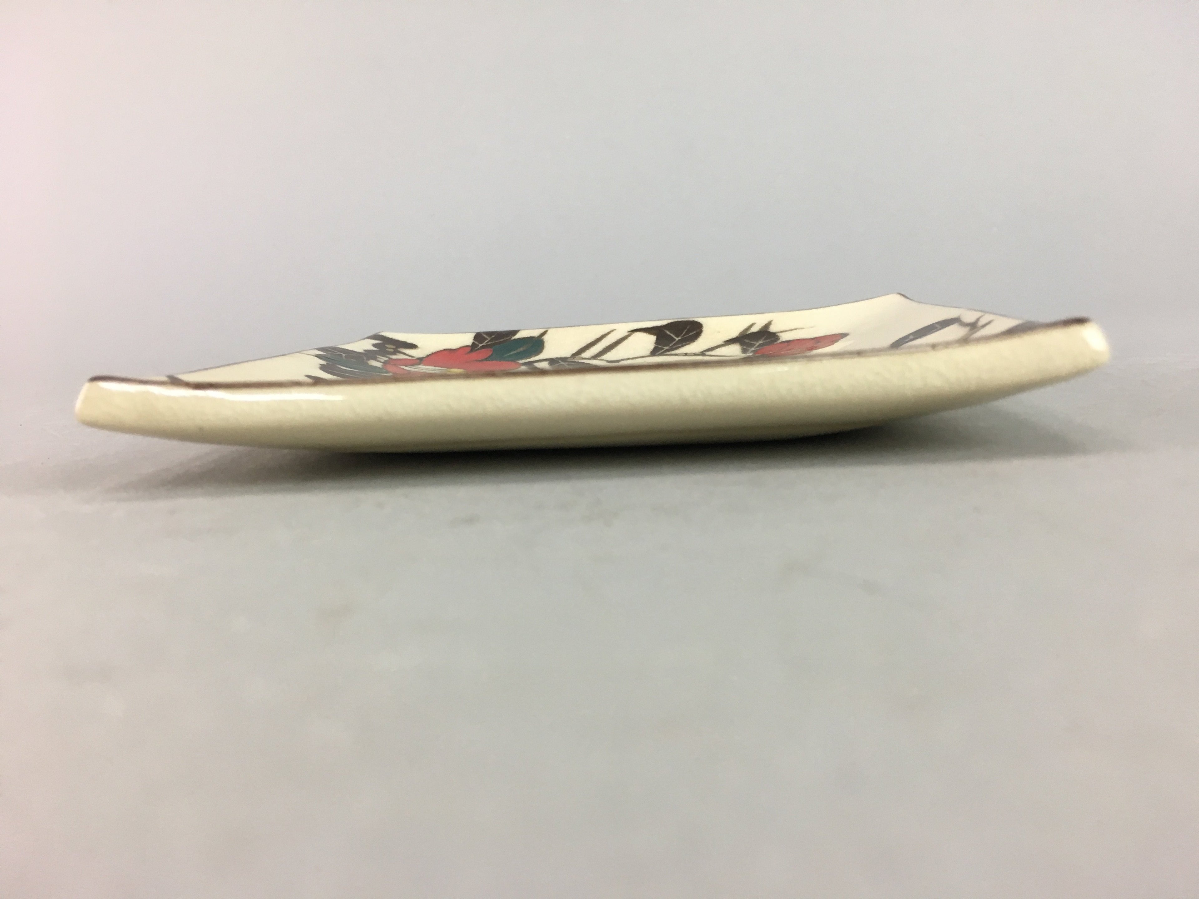 Japanese Ceramic Square Plate Vtg Pottery Floral Design Beige Sushi PT97