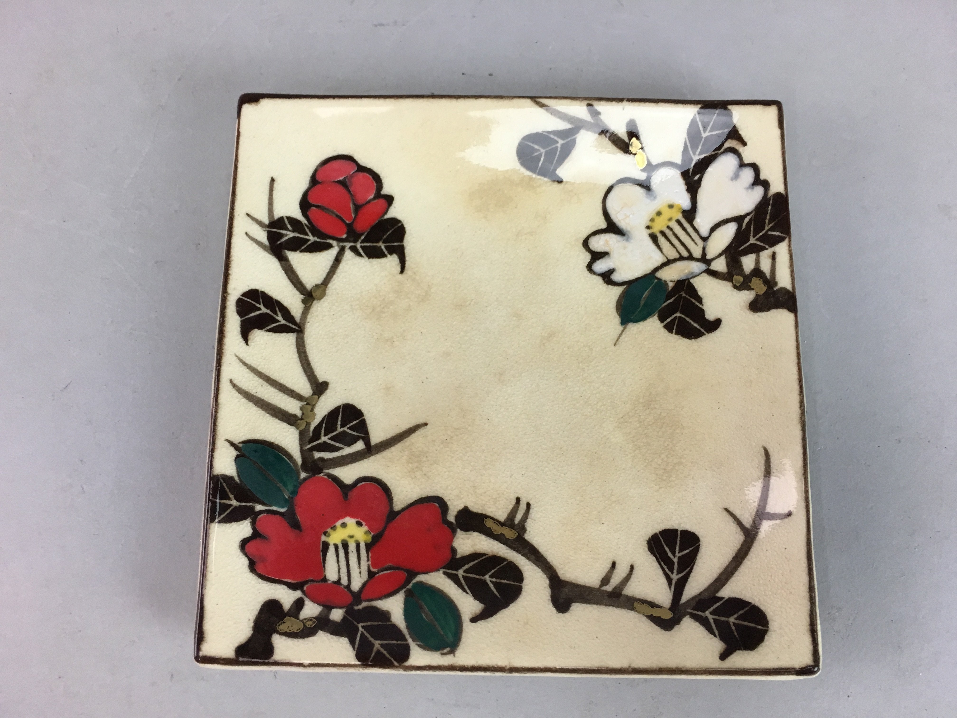 Japanese Ceramic Square Plate Vtg Pottery Floral Design Beige Sushi PT98
