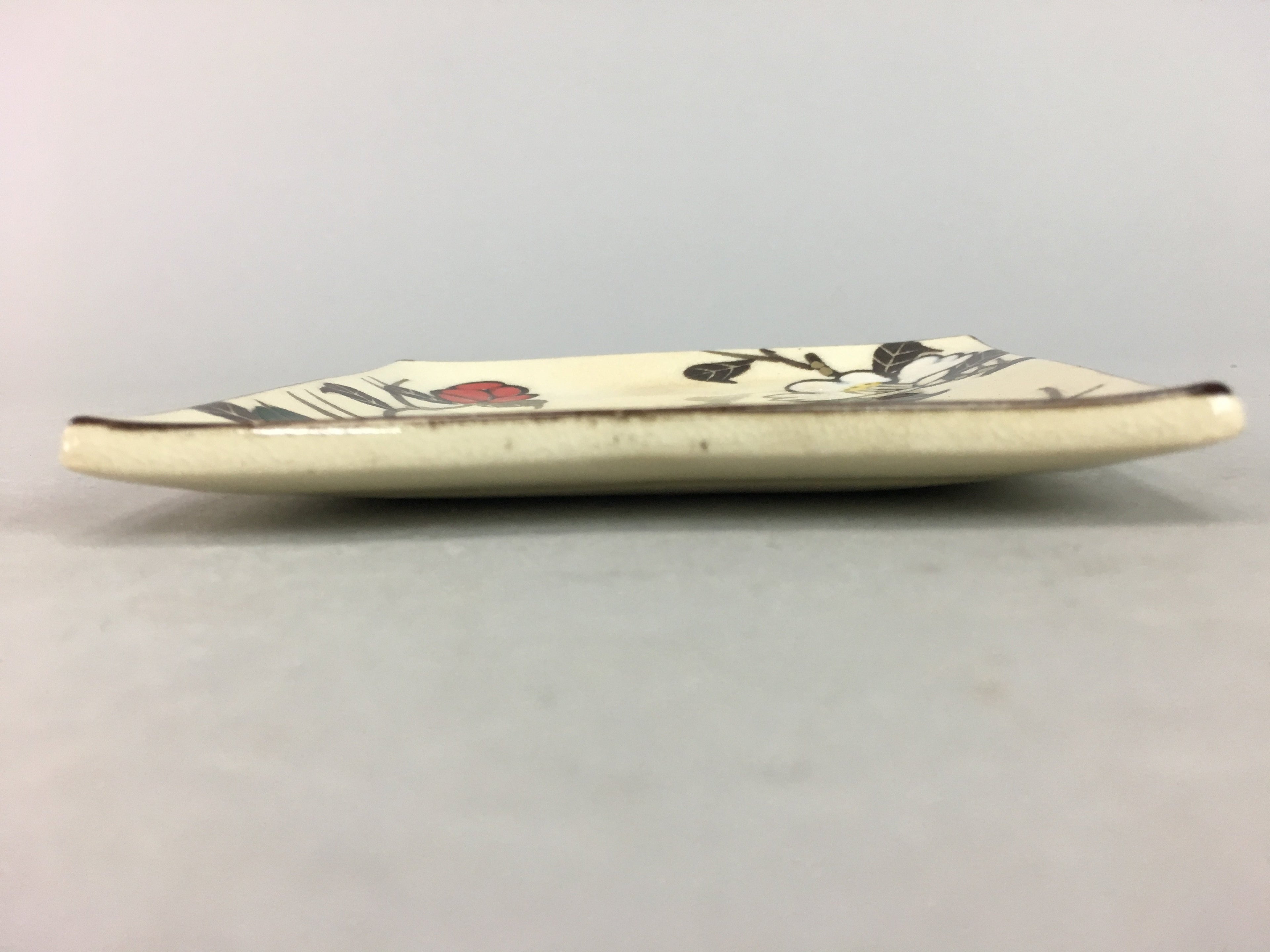 Japanese Ceramic Square Plate Vtg Pottery Floral Design Beige Sushi PT98