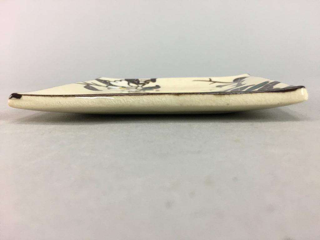 Japanese Ceramic Square Plate Vtg Pottery Floral Design Beige Sushi PT98