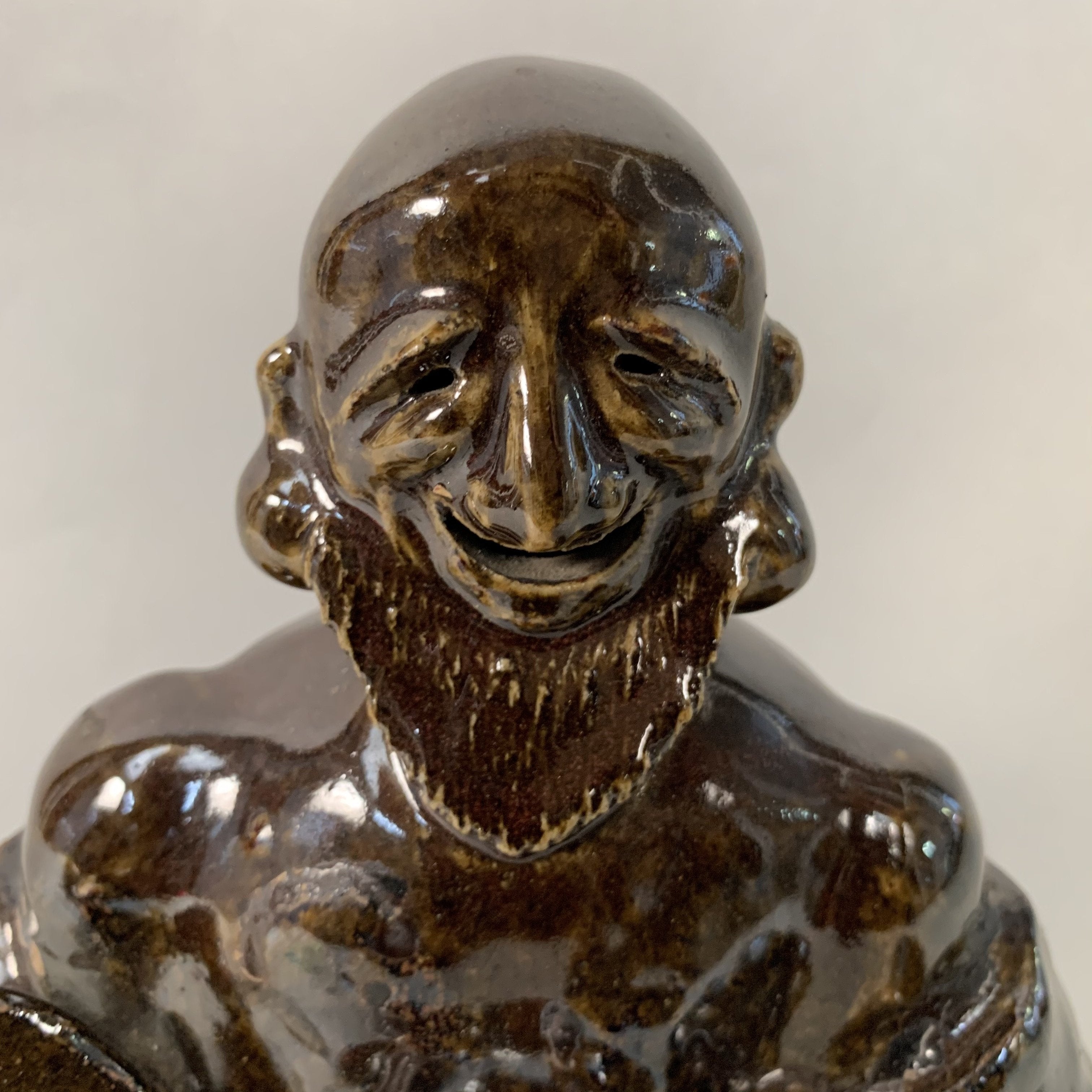 Japanese Ceramic Statue Vtg Old Man Beard Smile Big Belly Earlobes BD559