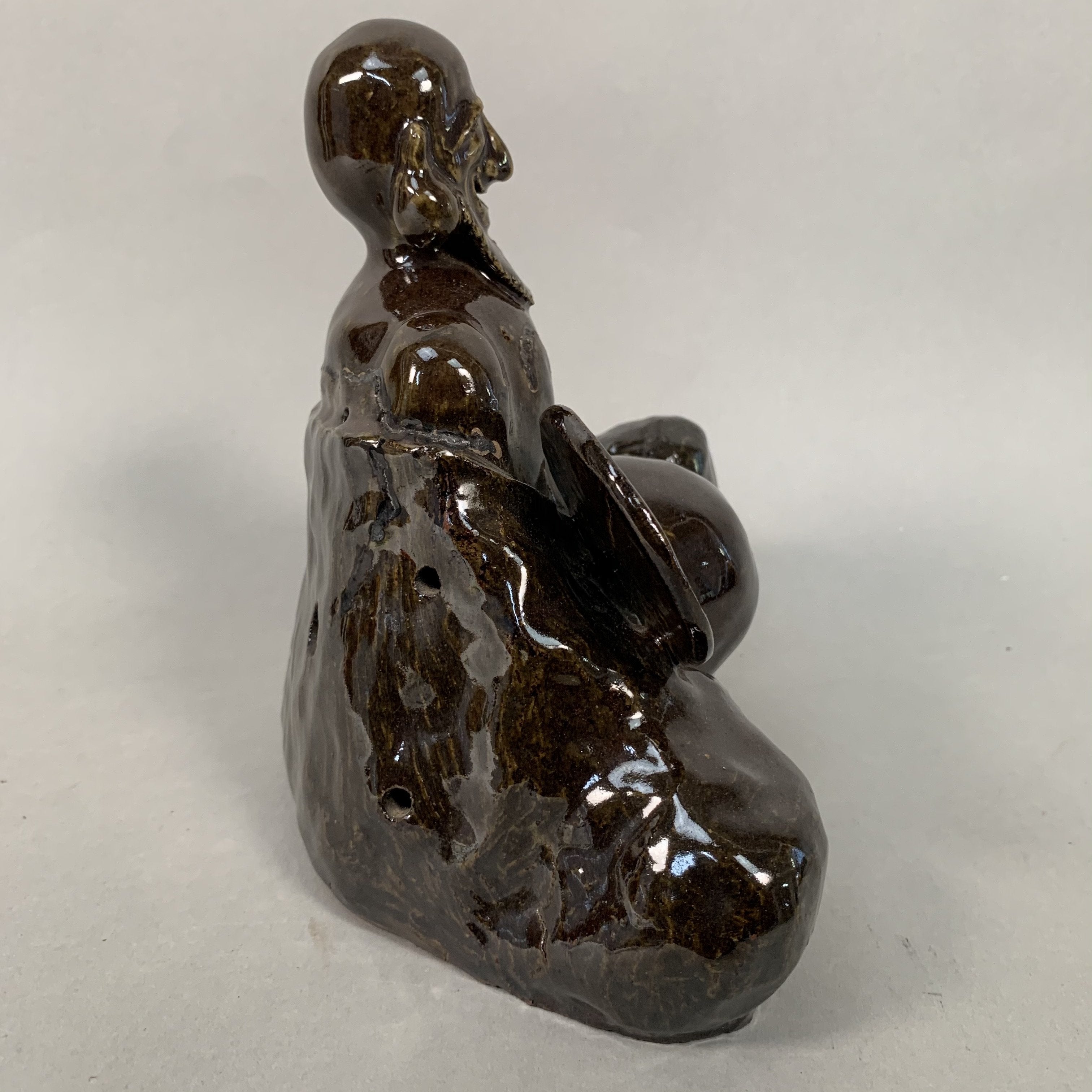 Japanese Ceramic Statue Vtg Old Man Beard Smile Big Belly Earlobes BD559