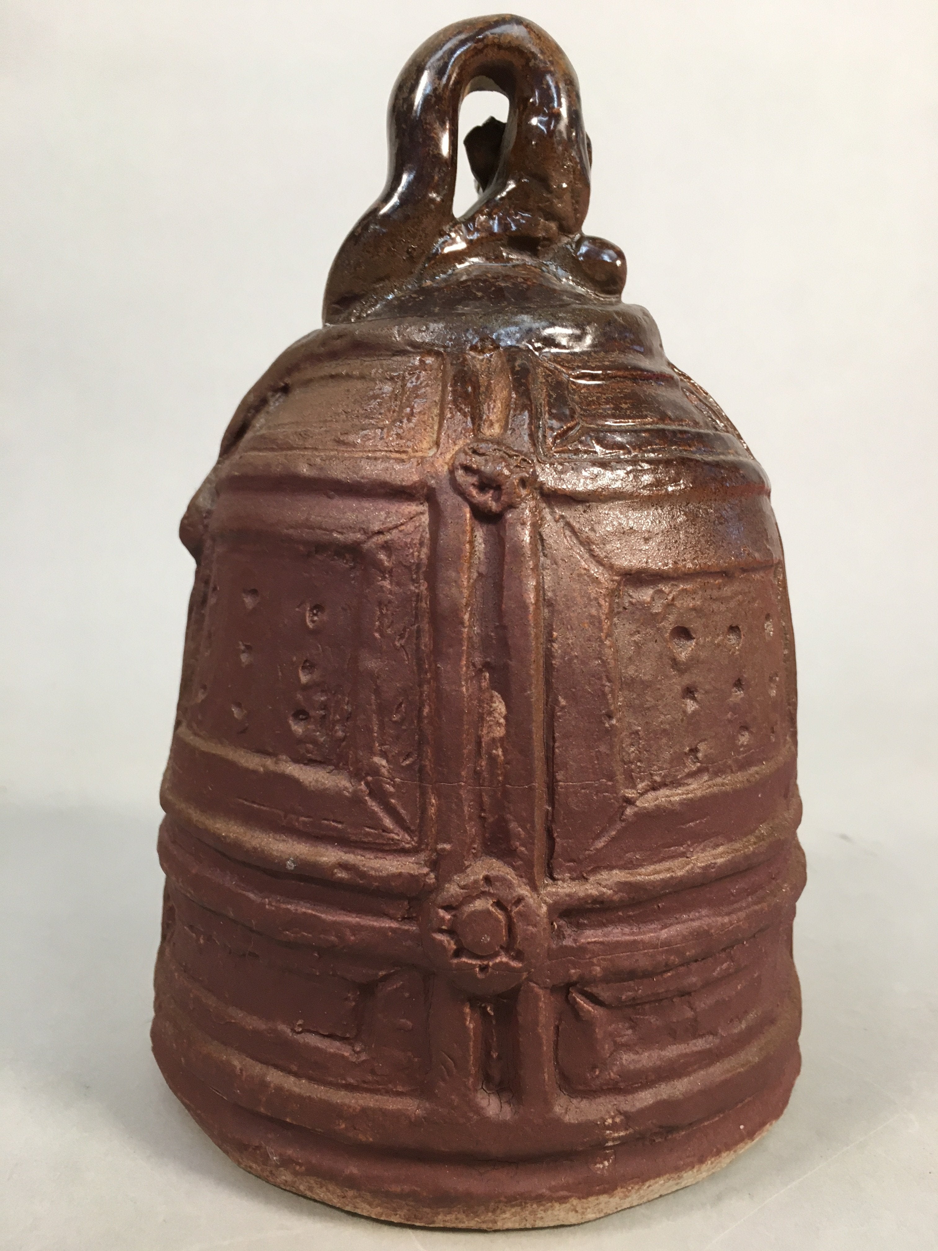 Japanese Ceramic Statue Vtg Pottery Dragon Bell Brown Purple Pillow BD555