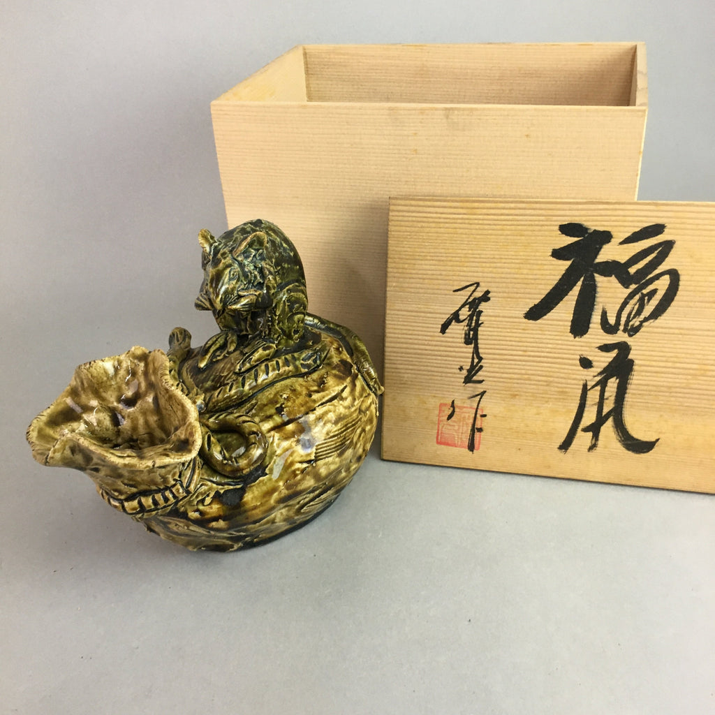 Japanese Ceramic Statue Zodiac Mouse Treasure Bag Vtg Pottery Box Okimono PX453