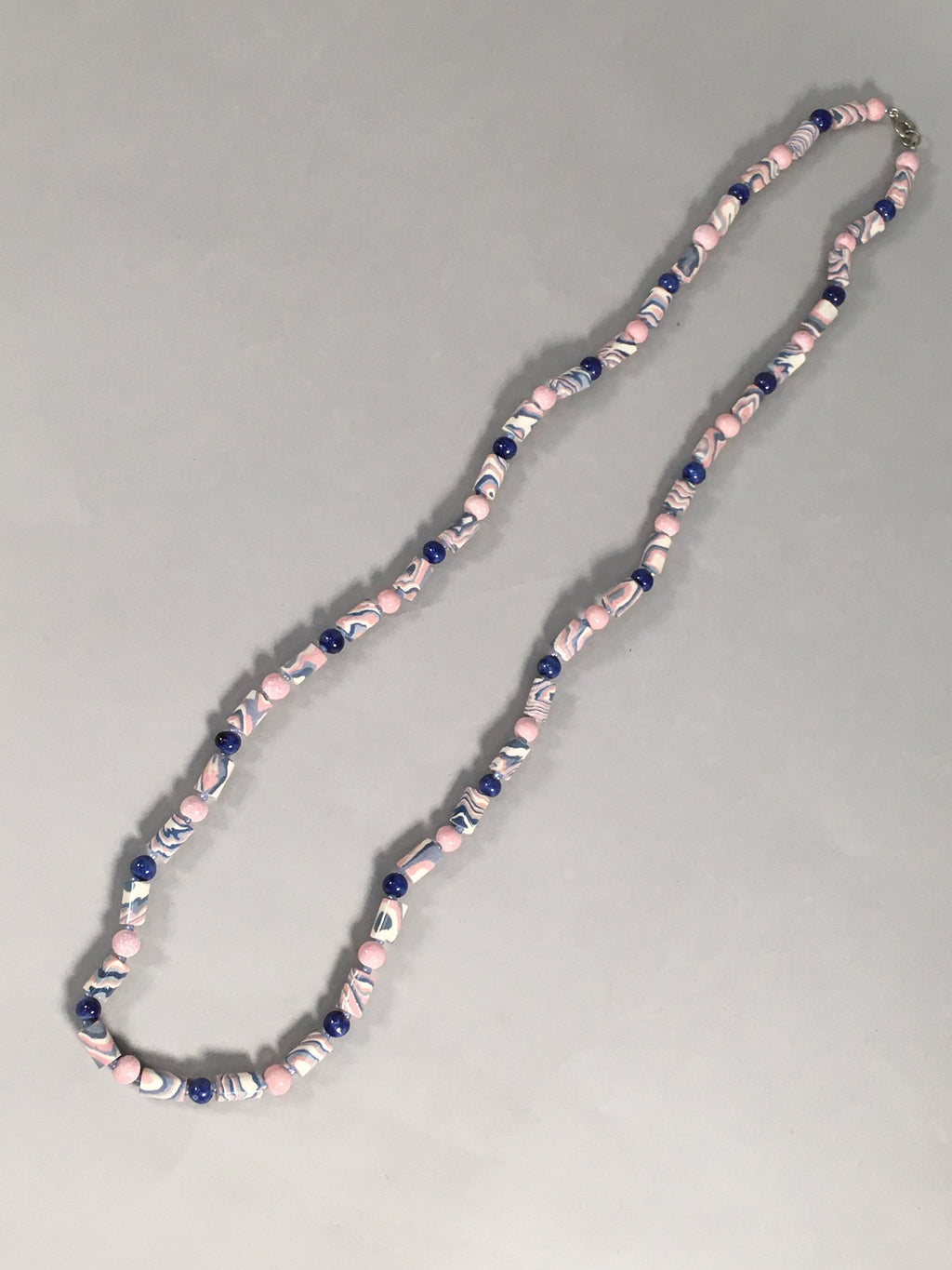Japanese Ceramic Swirl Beads Necklace Vtg Blue Pink White 101cm Long JK36