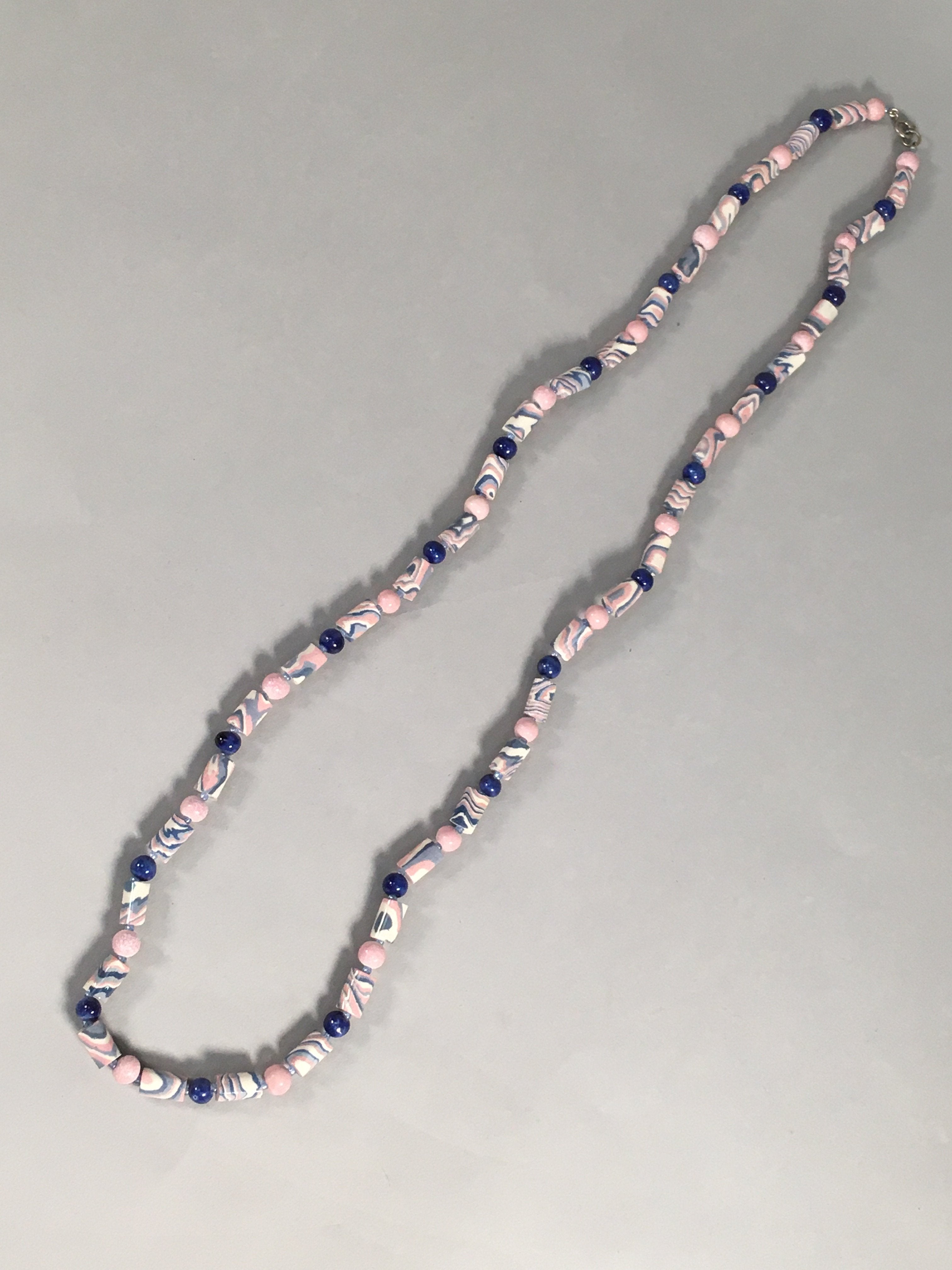 Japanese Ceramic Swirl Beads Necklace Vtg Blue Pink White 101cm Long JK36