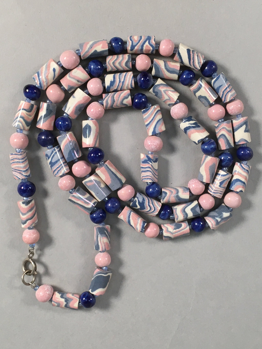 Japanese Ceramic Swirl Beads Necklace Vtg Blue Pink White 101cm Long JK36