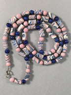 Japanese Ceramic Swirl Beads Necklace Vtg Blue Pink White 101cm Long JK36
