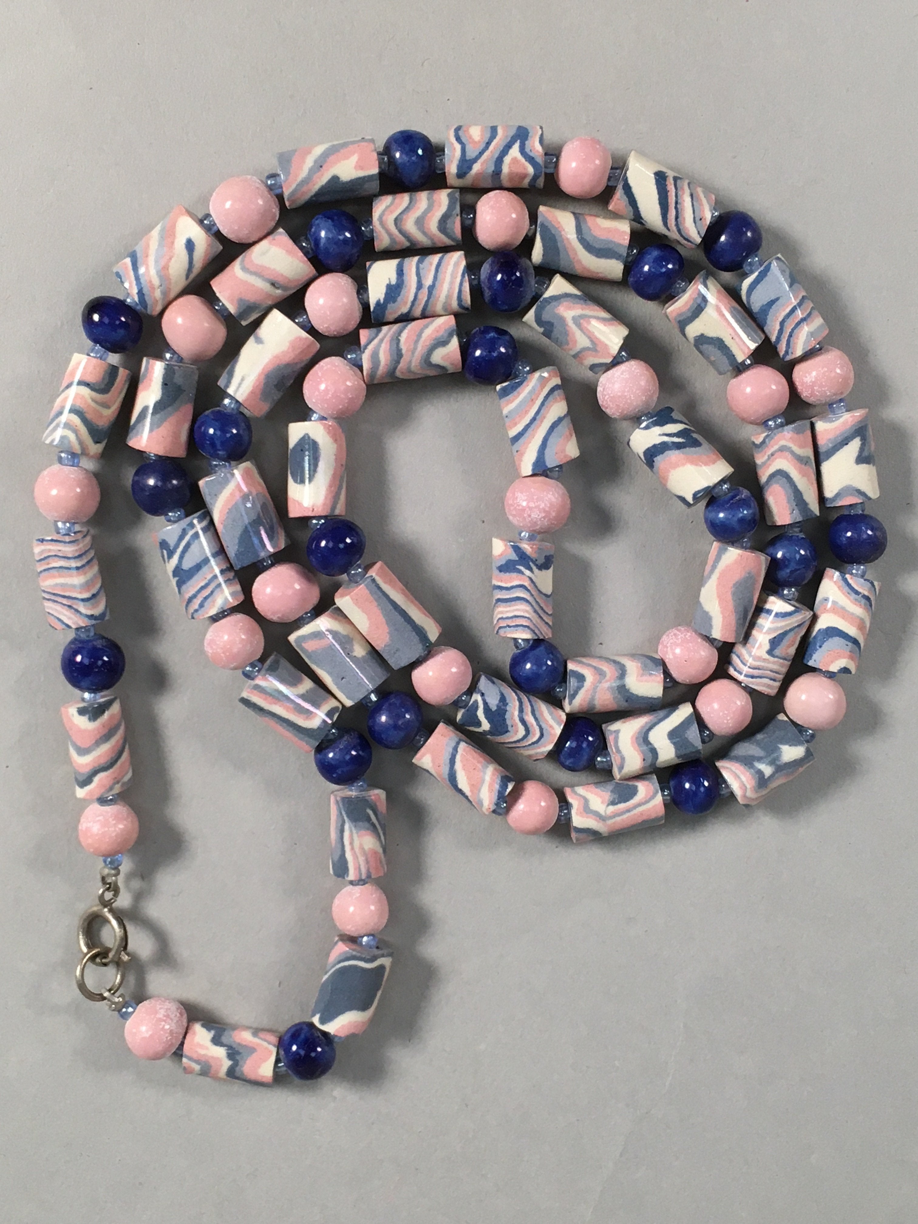Japanese Ceramic Swirl Beads Necklace Vtg Blue Pink White 101cm Long JK36
