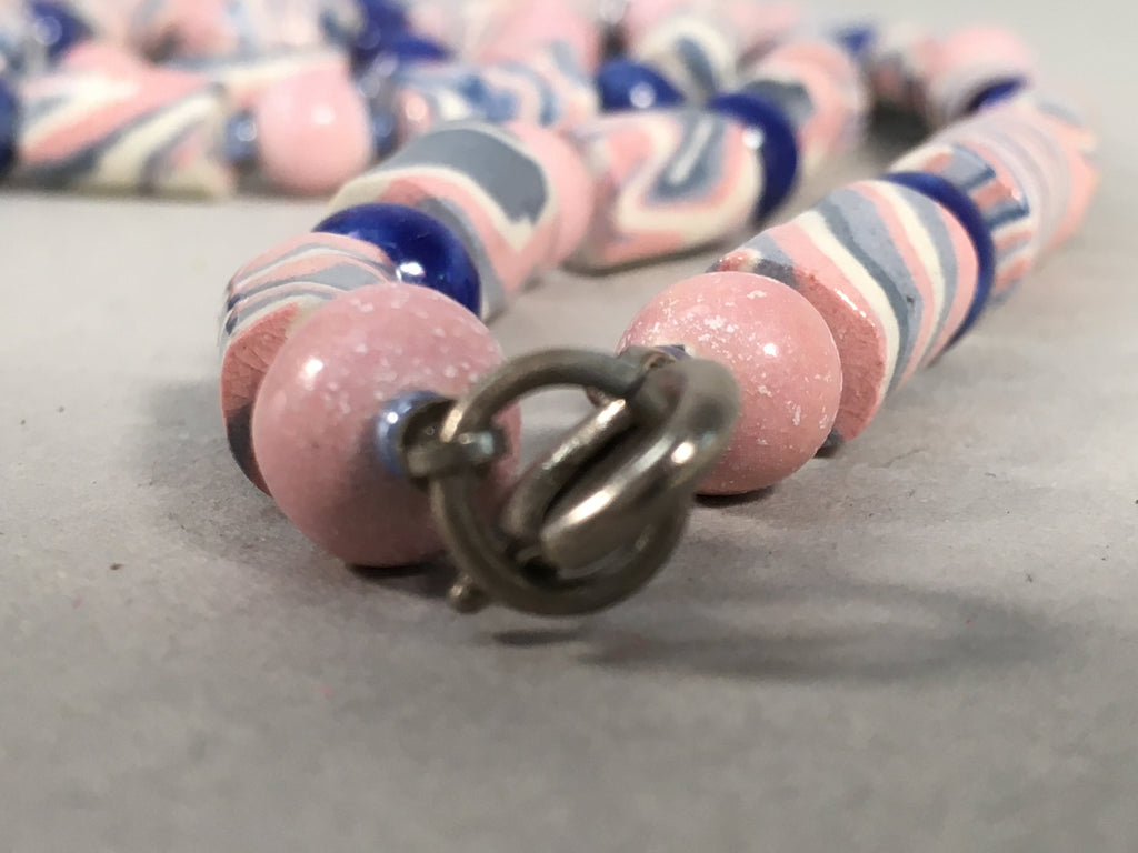 Japanese Ceramic Swirl Beads Necklace Vtg Blue Pink White 101cm Long JK36