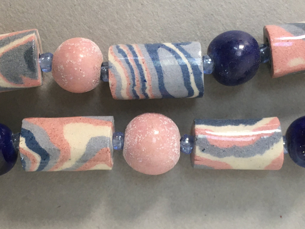 Japanese Ceramic Swirl Beads Necklace Vtg Blue Pink White 101cm Long JK36