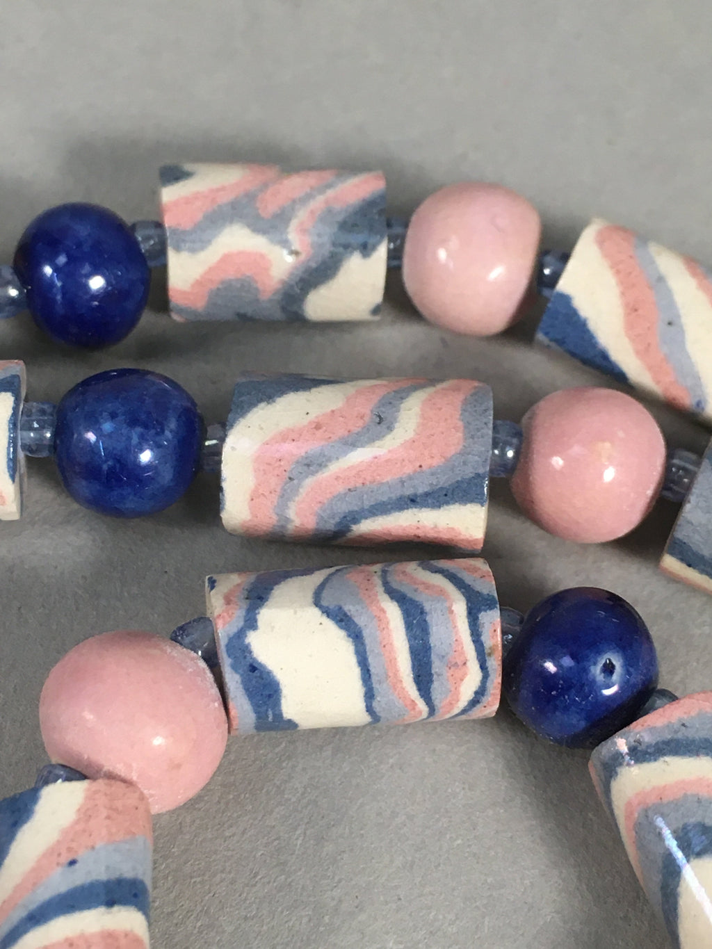 Japanese Ceramic Swirl Beads Necklace Vtg Blue Pink White 101cm Long JK36