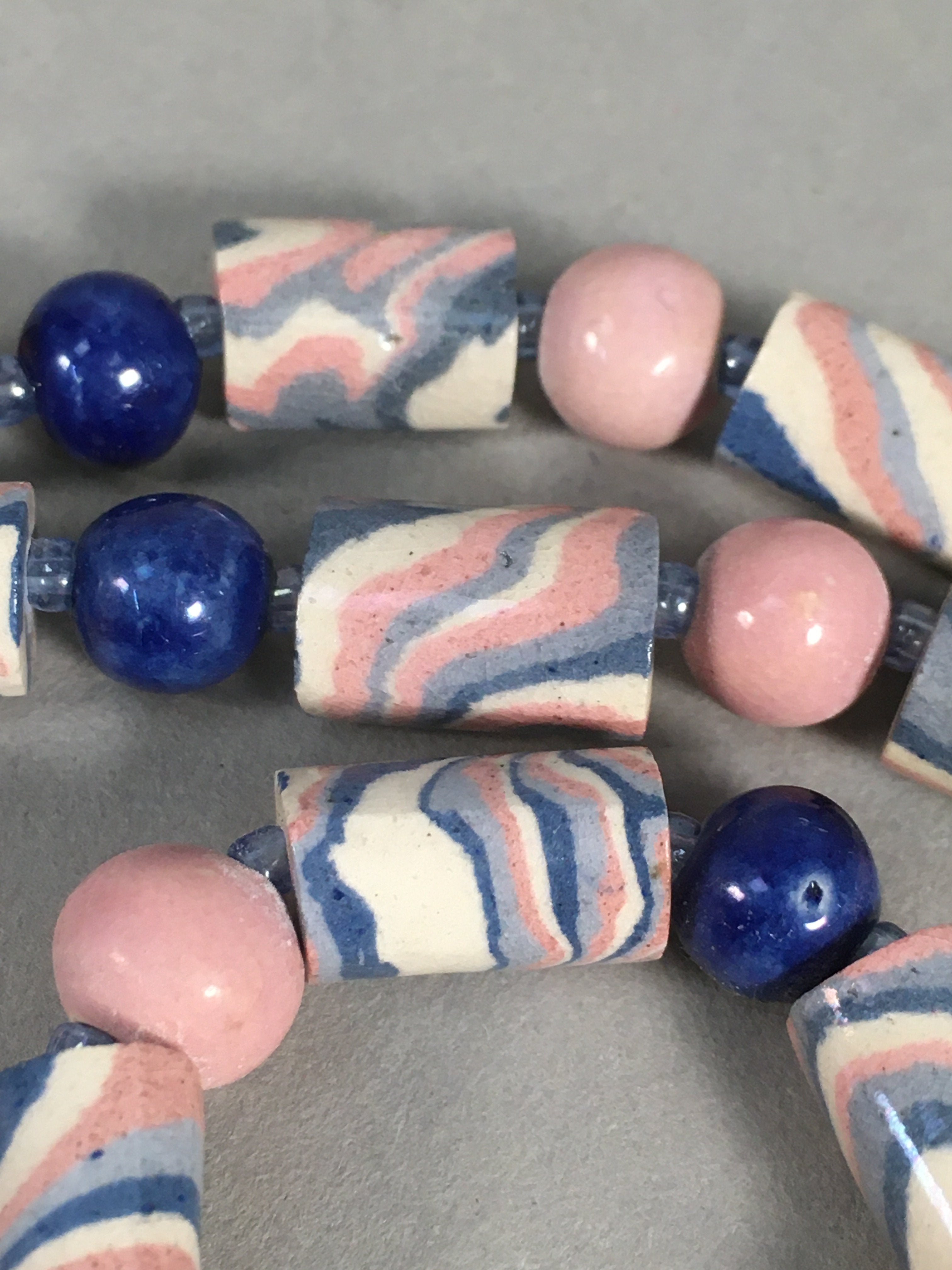 Japanese Ceramic Swirl Beads Necklace Vtg Blue Pink White 101cm Long JK36