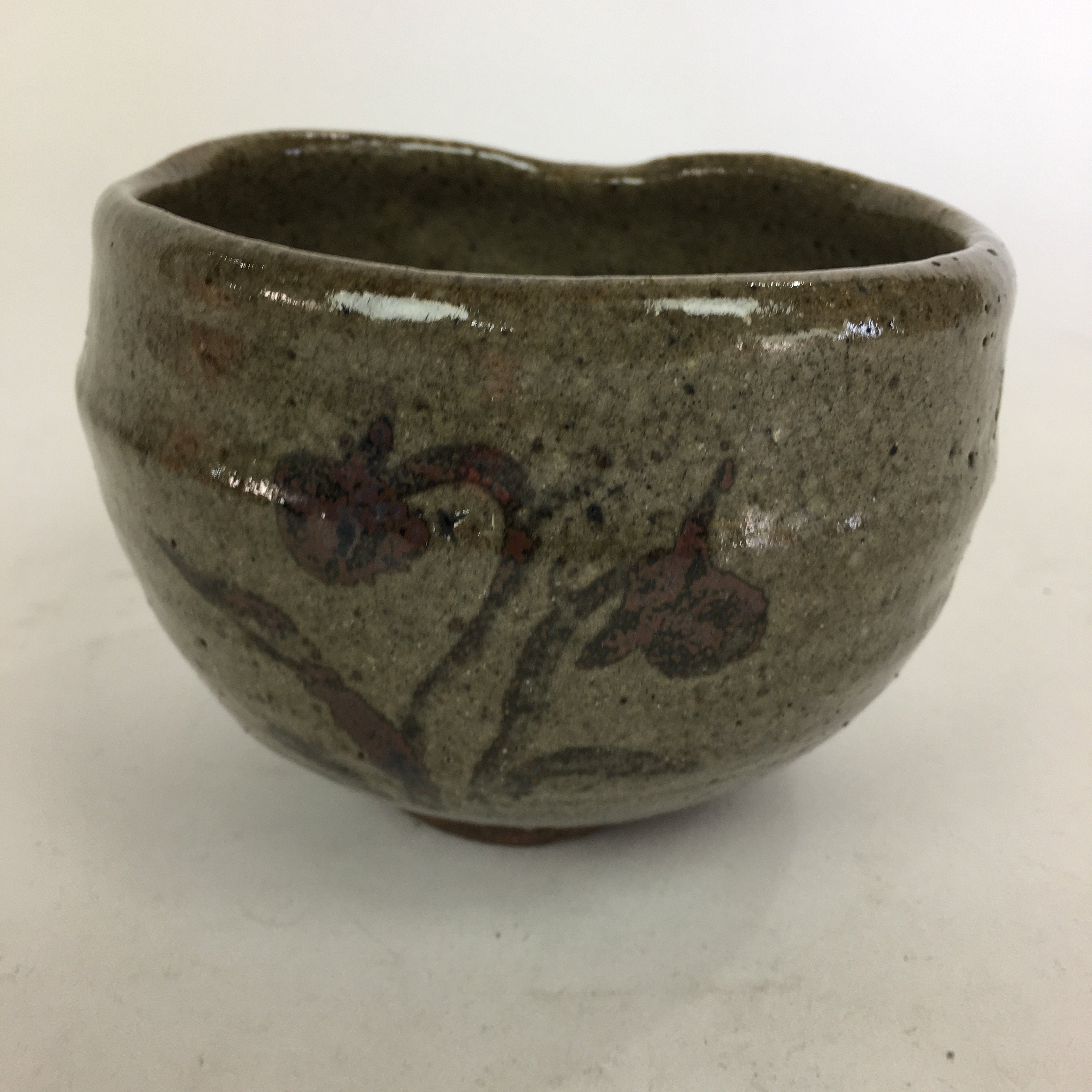 Japanese Ceramic Tea Bowl Vtg Ceremony Chawan Gray Flower Design GTB768