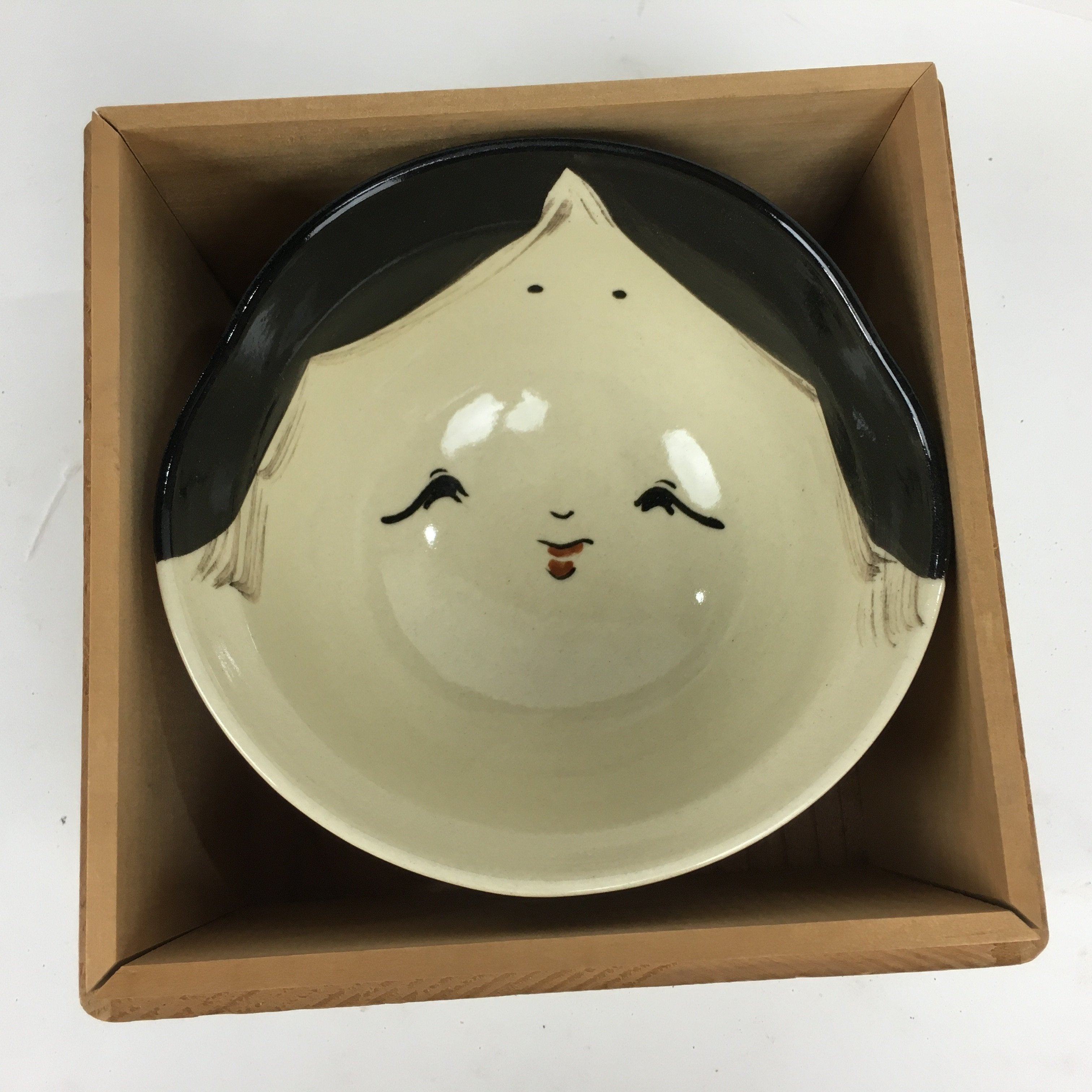 Japanese Ceramic Tea Bowl Wooden Box Kyo Ware Green Tea Bowl Otafuku Lady PX561