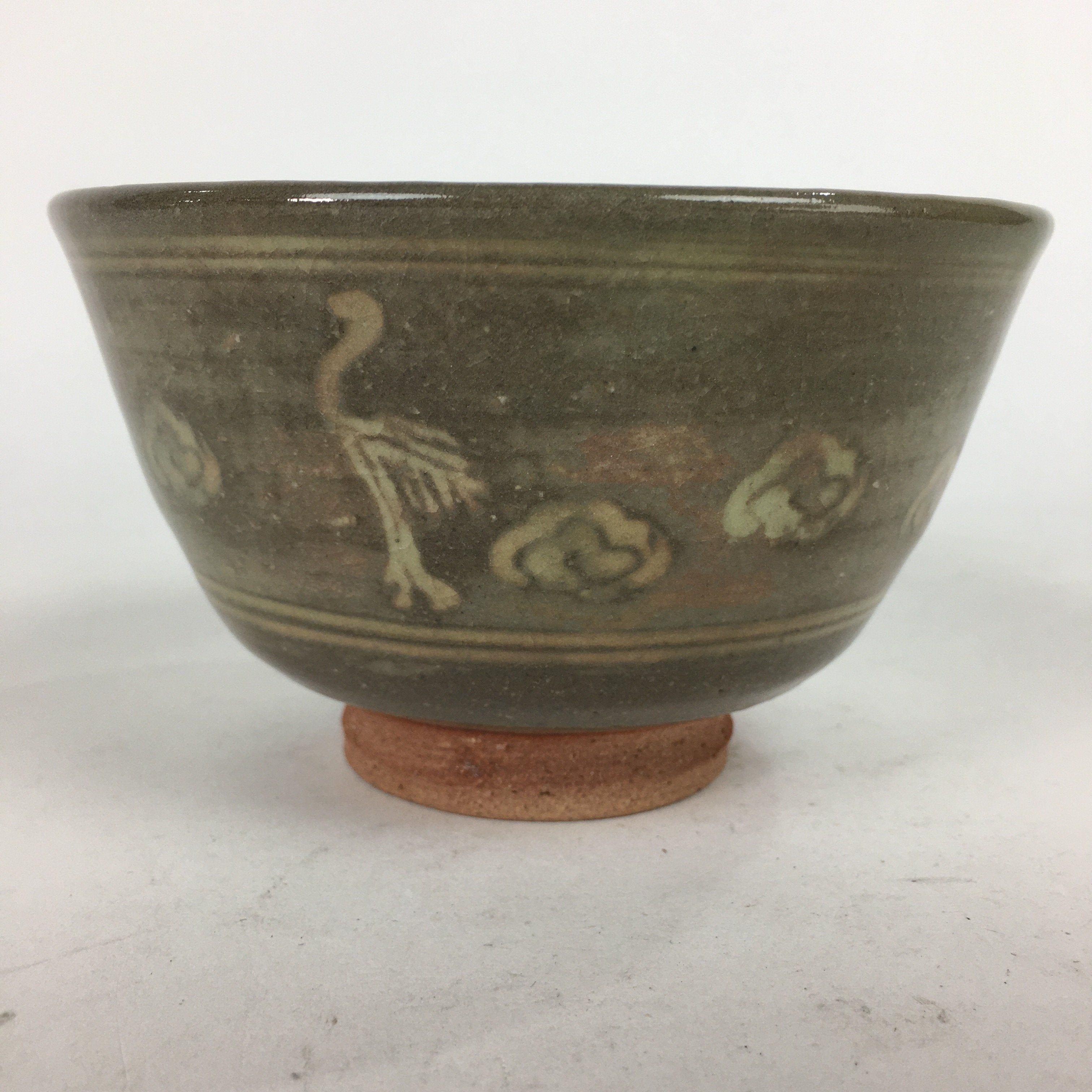 Japanese Ceramic Tea Ceremony Bowl Chawan Vtg Brown Pottery Crane GTB749