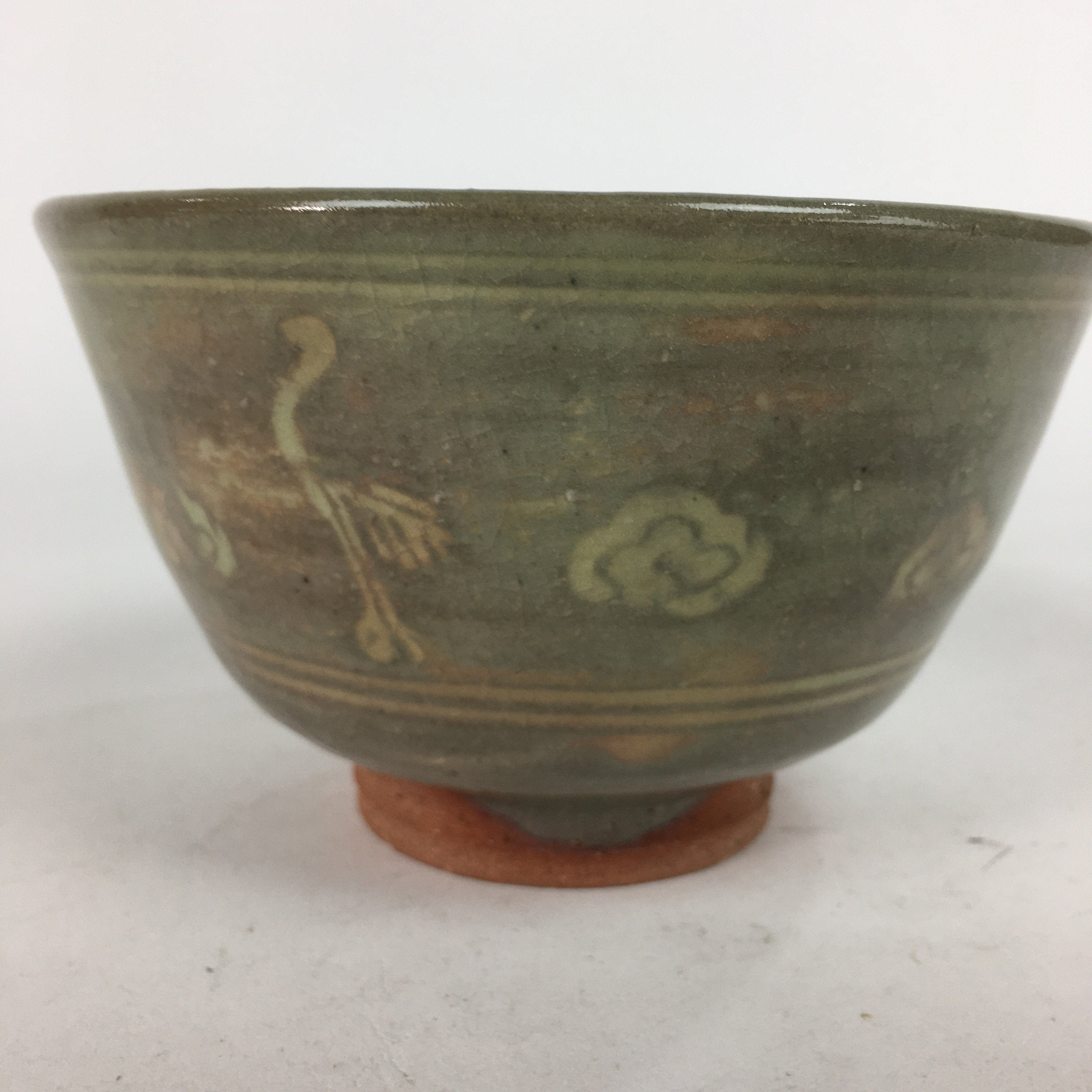 Japanese Ceramic Tea Ceremony Bowl Chawan Vtg Brown Pottery Crane GTB749