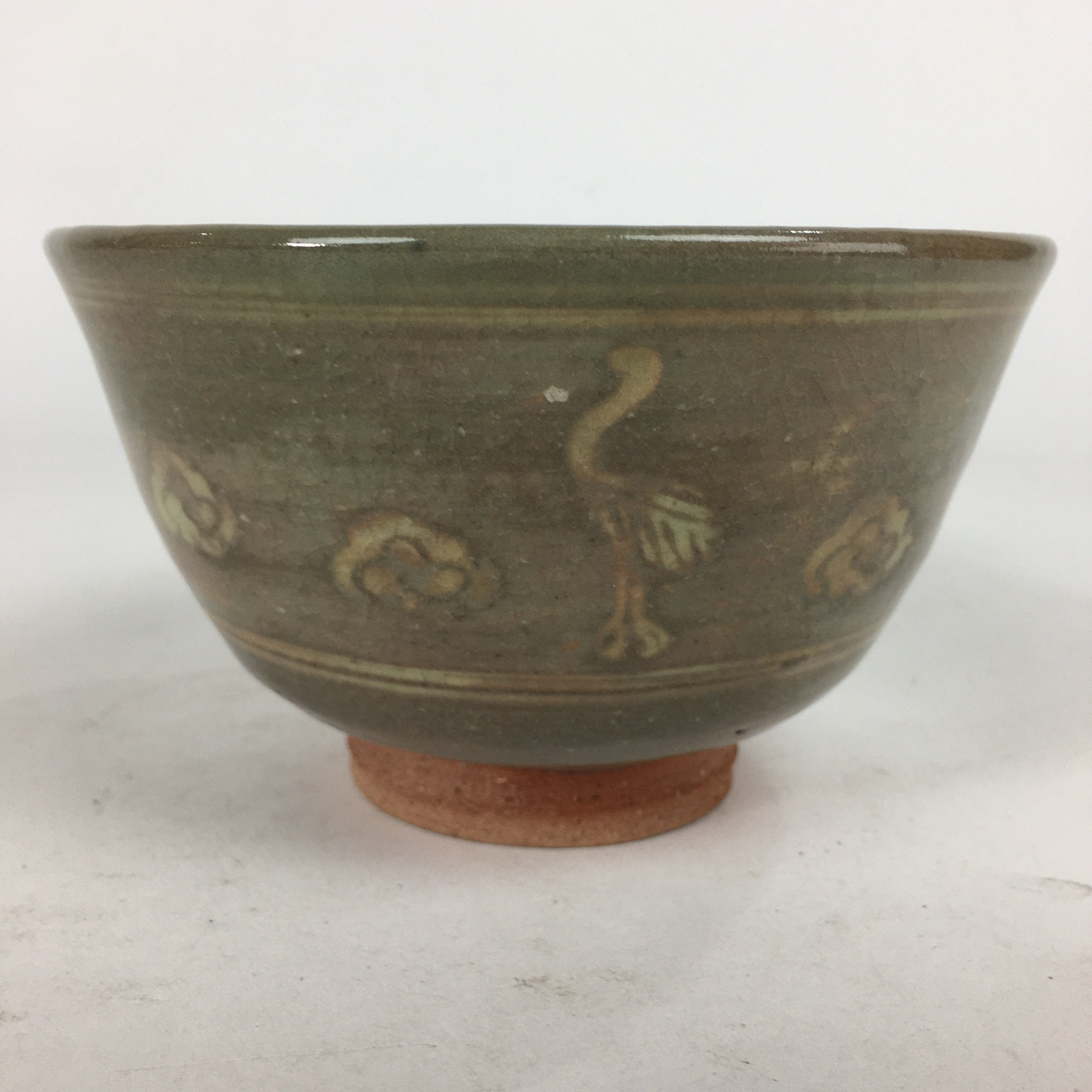 Japanese Ceramic Tea Ceremony Bowl Chawan Vtg Brown Pottery Crane GTB749