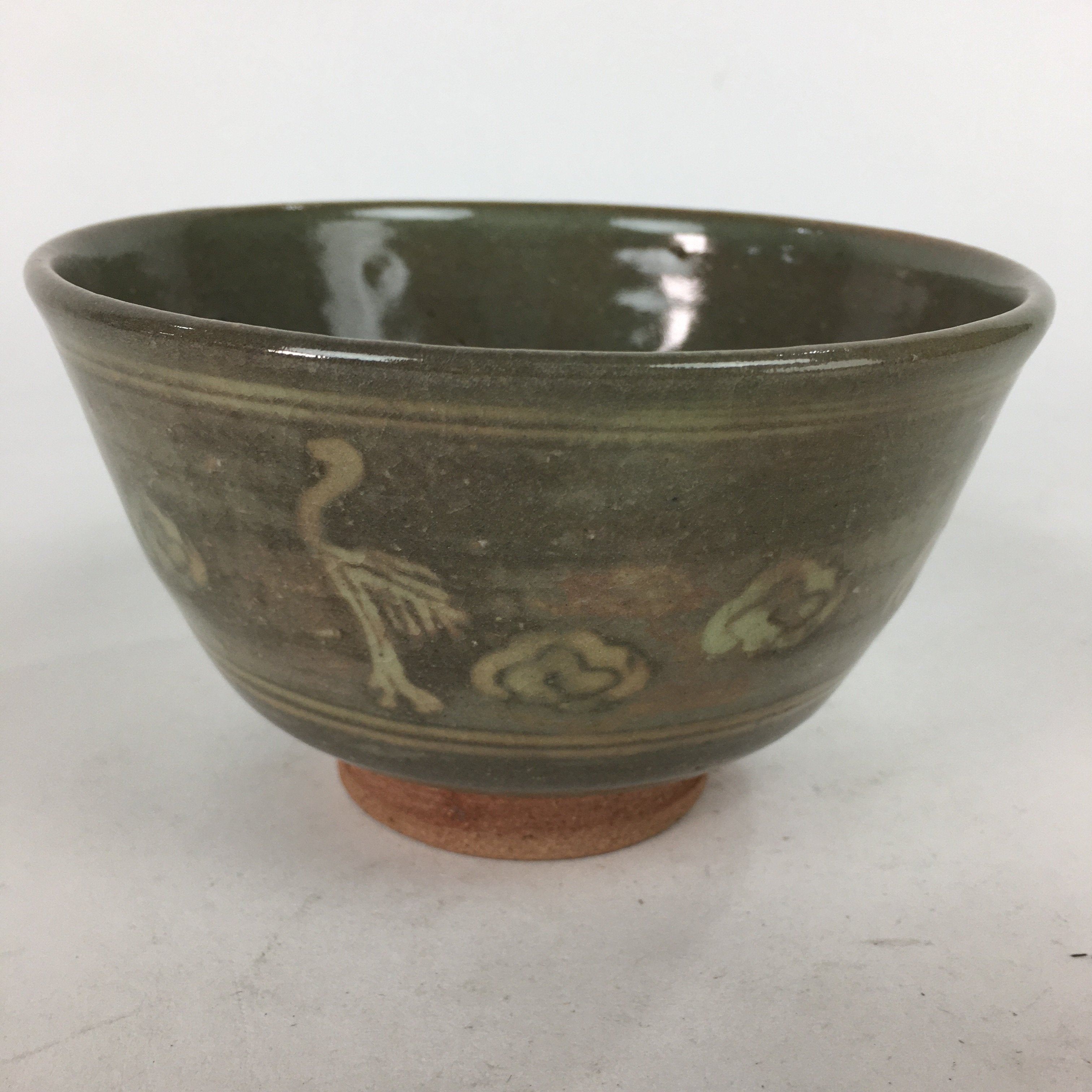 Japanese Ceramic Tea Ceremony Bowl Chawan Vtg Brown Pottery Crane GTB749