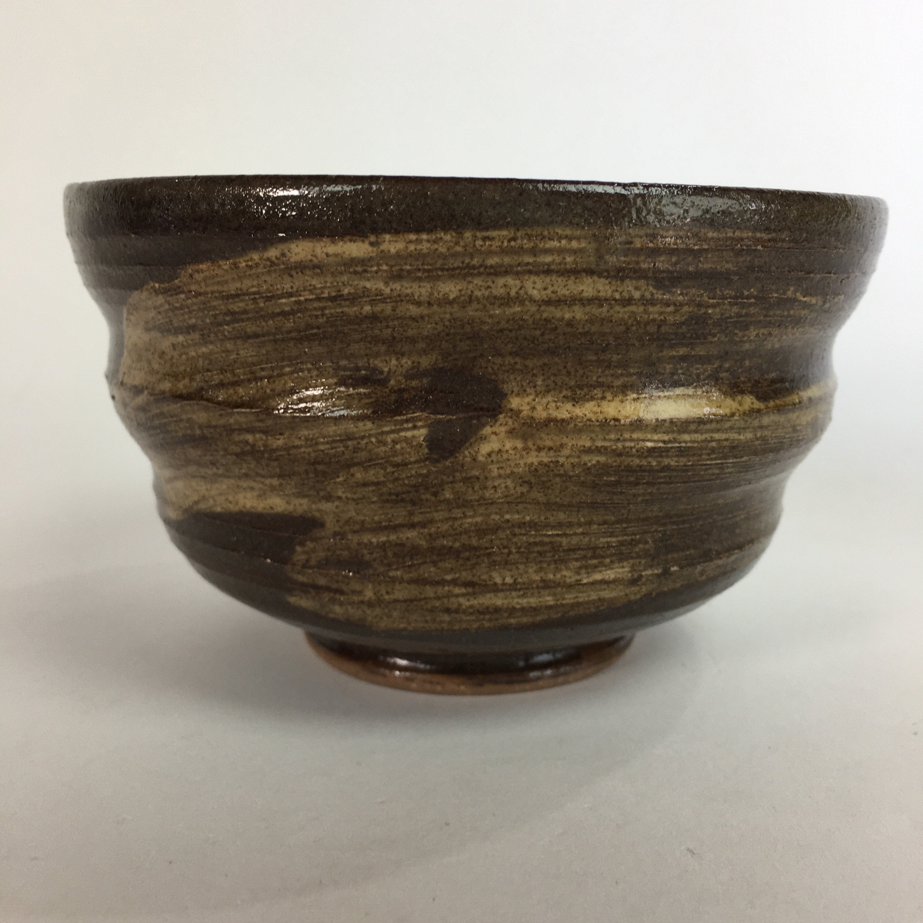 Japanese Ceramic Tea Ceremony Bowl Vtg Chawan Brown Finger Line Pottery GTB735