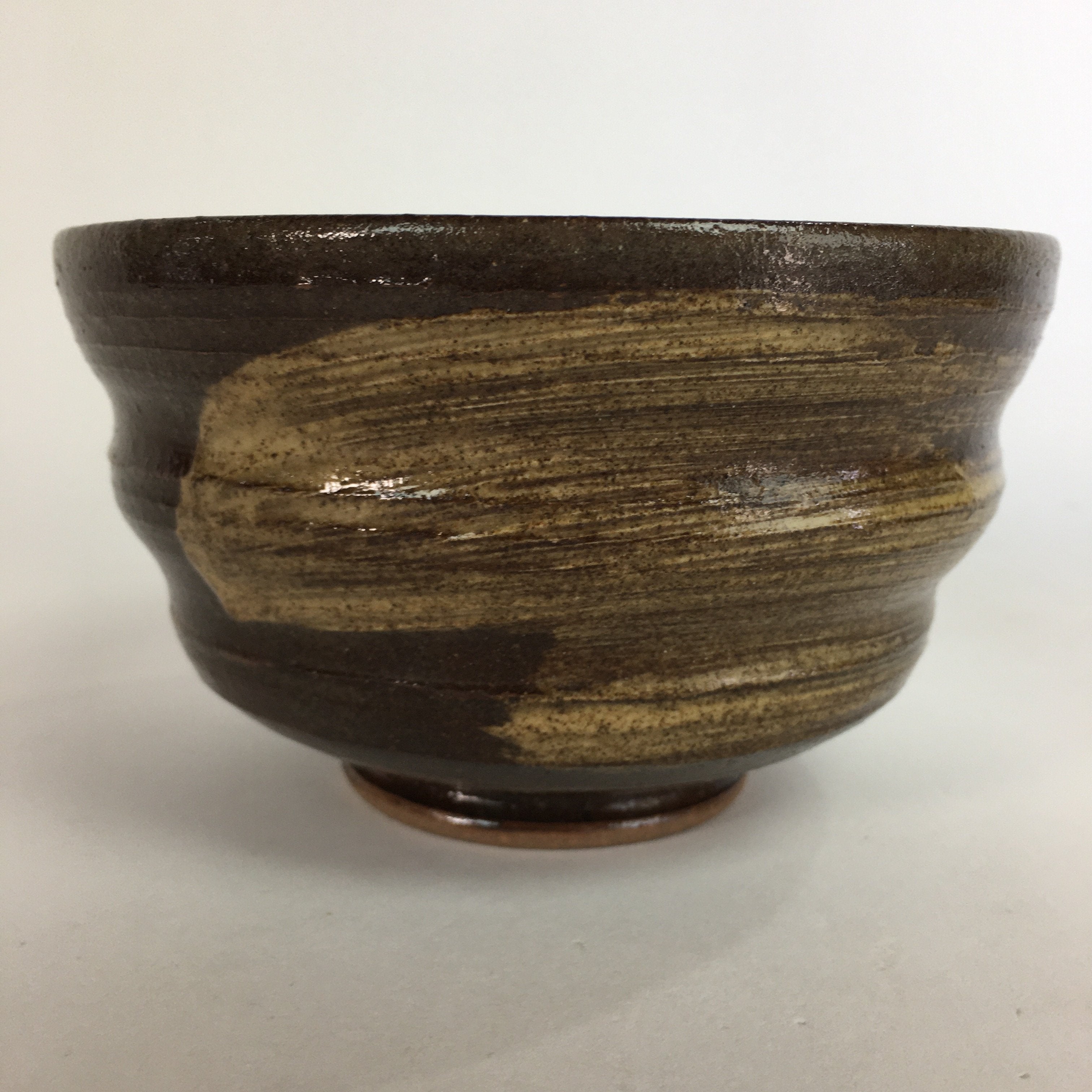 Japanese Ceramic Tea Ceremony Bowl Vtg Chawan Brown Finger Line Pottery GTB735