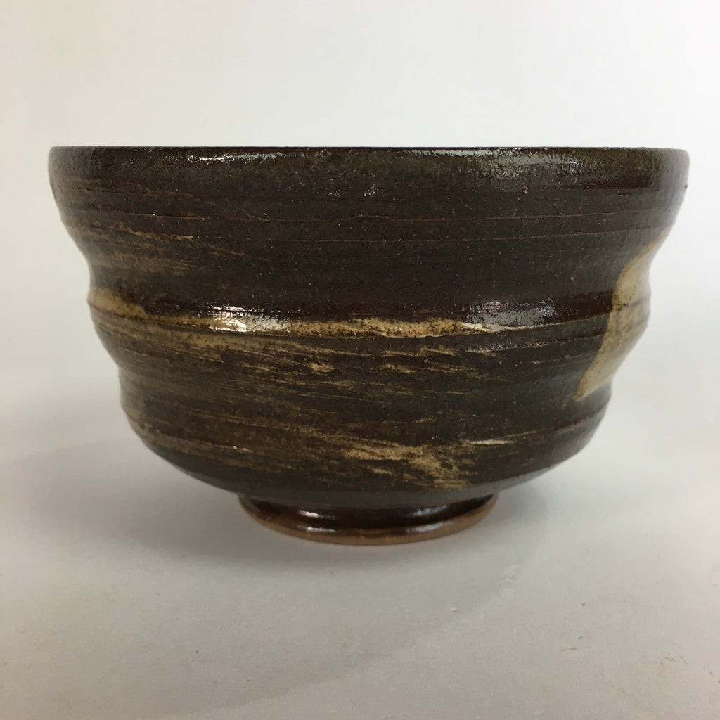 Japanese Ceramic Tea Ceremony Bowl Vtg Chawan Brown Finger Line Pottery GTB735