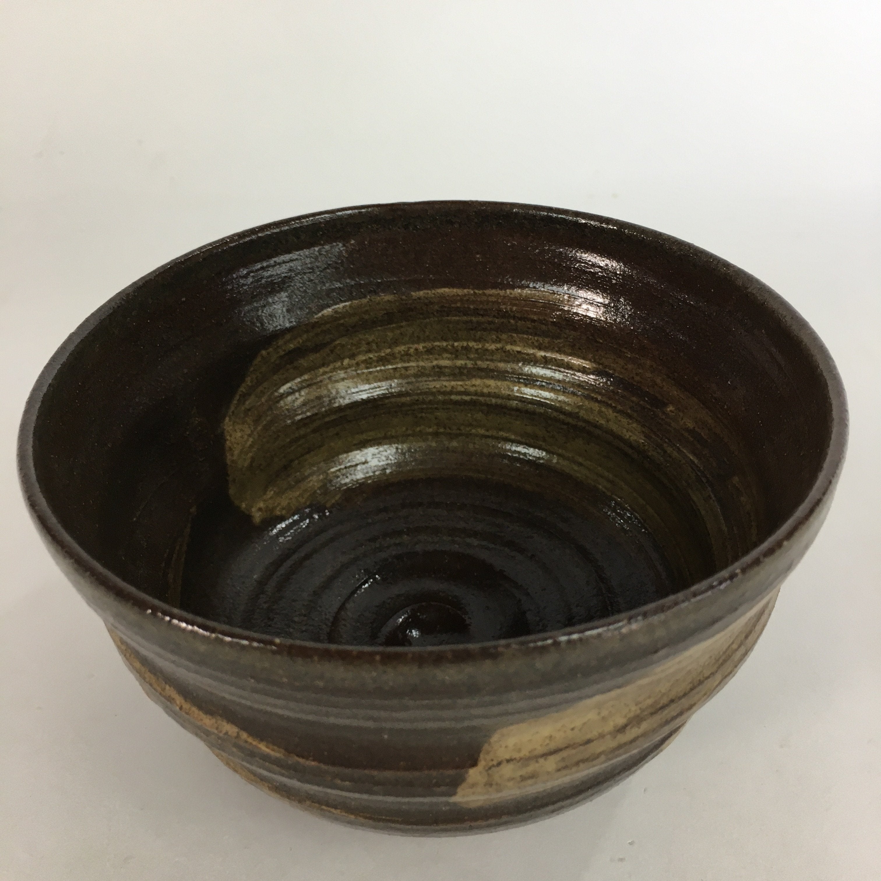 Japanese Ceramic Tea Ceremony Bowl Vtg Chawan Brown Finger Line Pottery GTB735