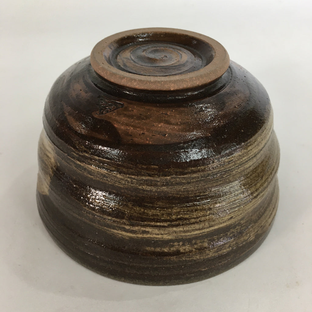 Japanese Ceramic Tea Ceremony Bowl Vtg Chawan Brown Finger Line Pottery GTB735