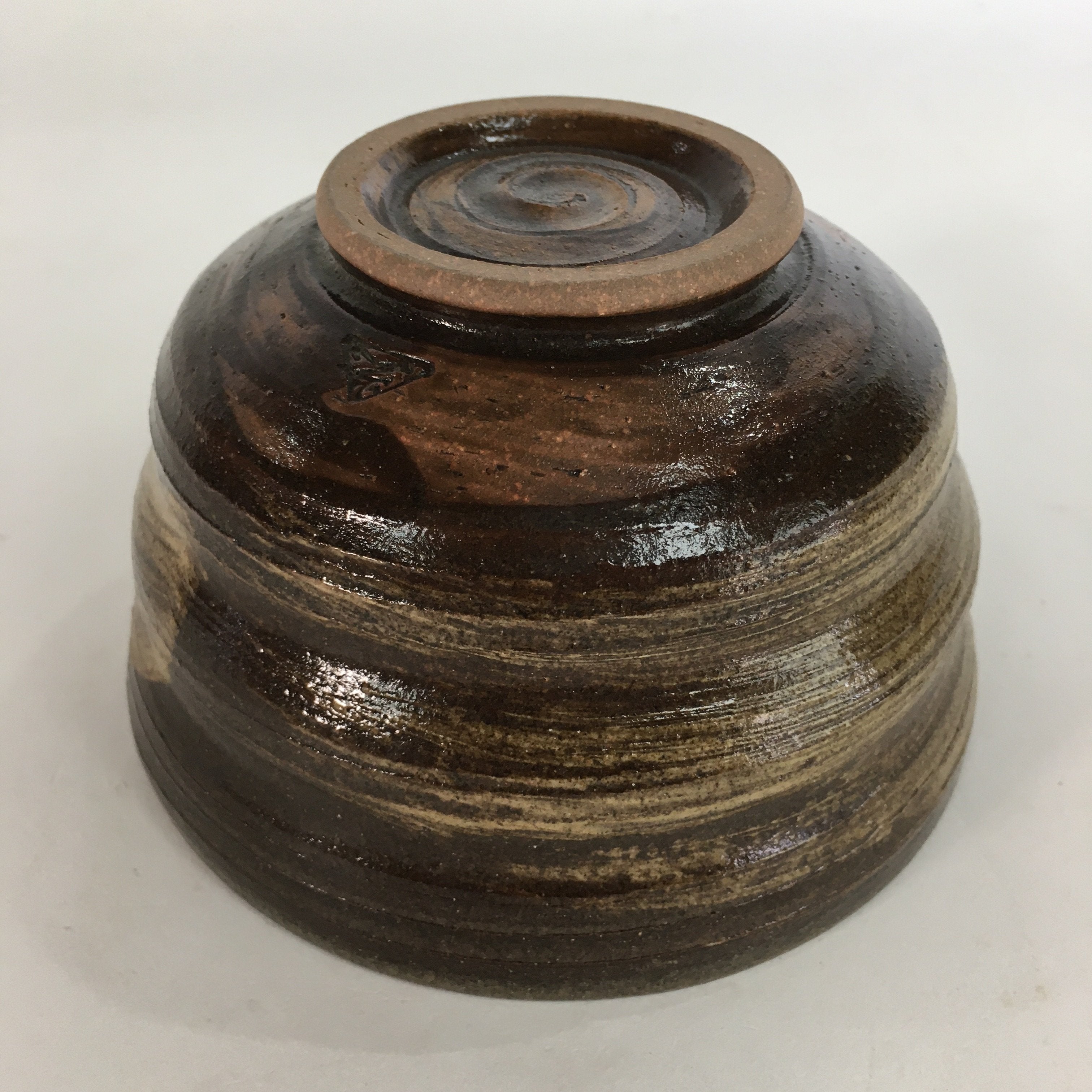 Japanese Ceramic Tea Ceremony Bowl Vtg Chawan Brown Finger Line Pottery GTB735