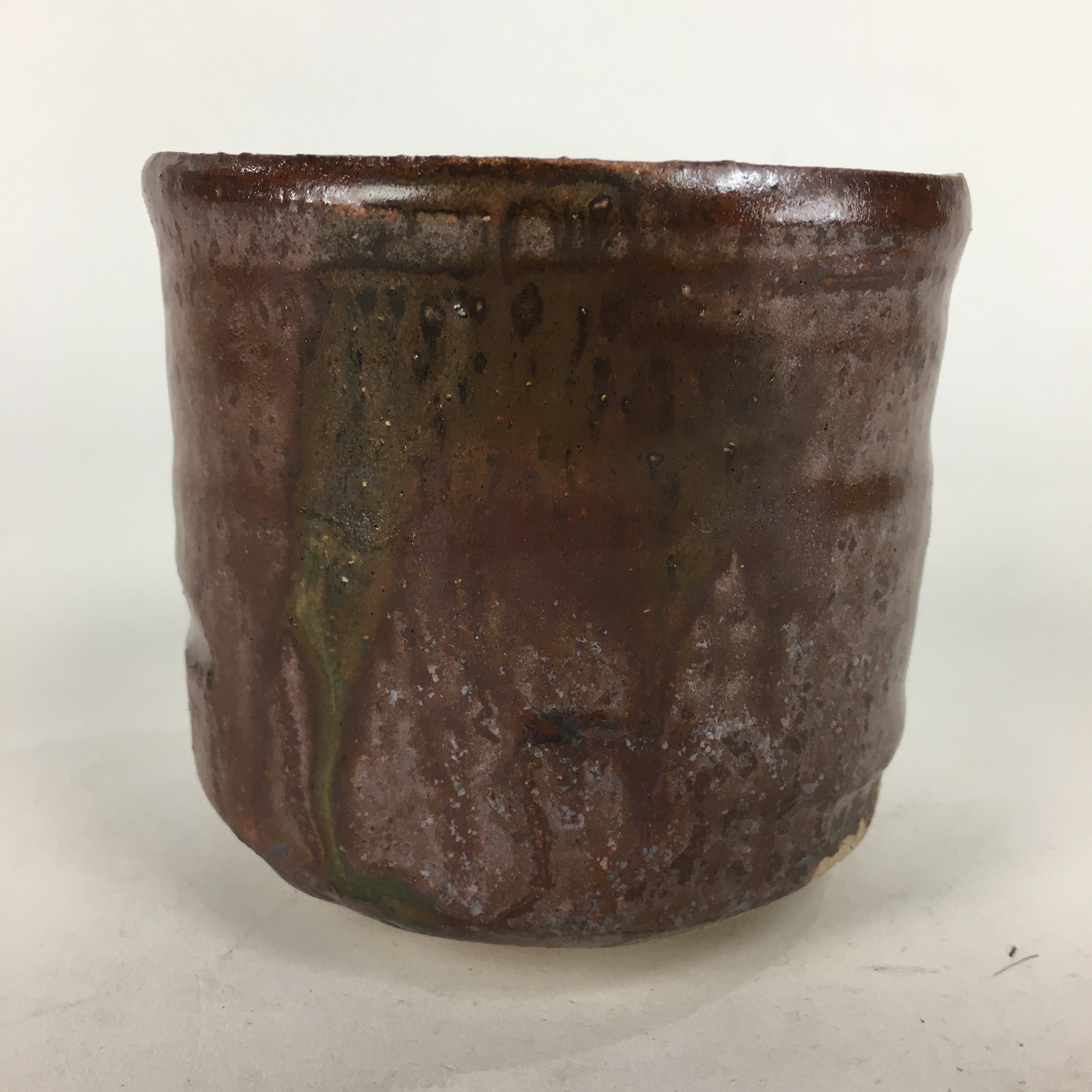 Japanese Ceramic Tea Ceremony Bowl Vtg Chestnut Brown Cylinder Type Chawan GTB74